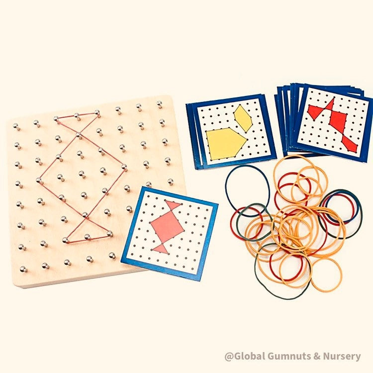 Play boards, Montessori wooden geoboard with 24pcs pattern cards and rubber bands.