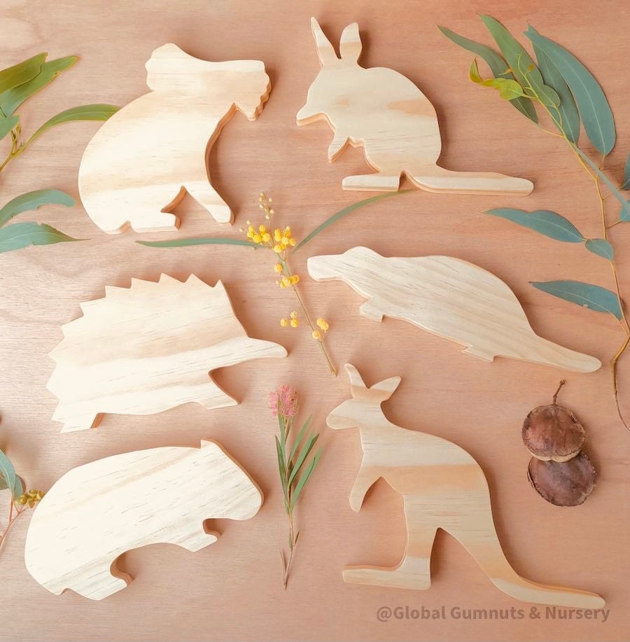 Set of six large Australian wooden animals, perfect for imaginative play or display.
