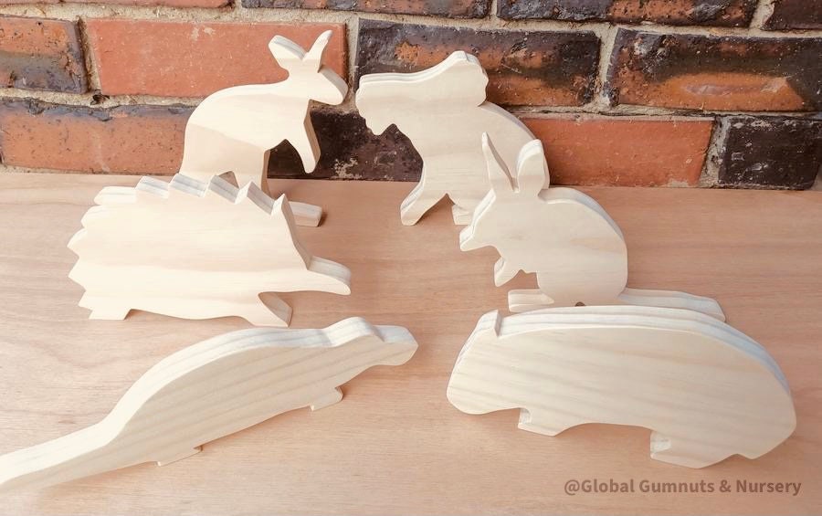Set of six large Australian wooden animals, perfect for imaginative play or display.