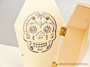 Wooden coffin, perfect for Halloween décor featuring sugar skull or skeleton themes.
