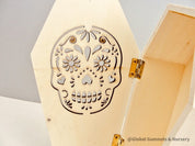 Wooden coffin, perfect for Halloween décor featuring sugar skull or skeleton themes.

