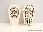Wooden coffin, perfect for Halloween décor featuring sugar skull or skeleton themes.
