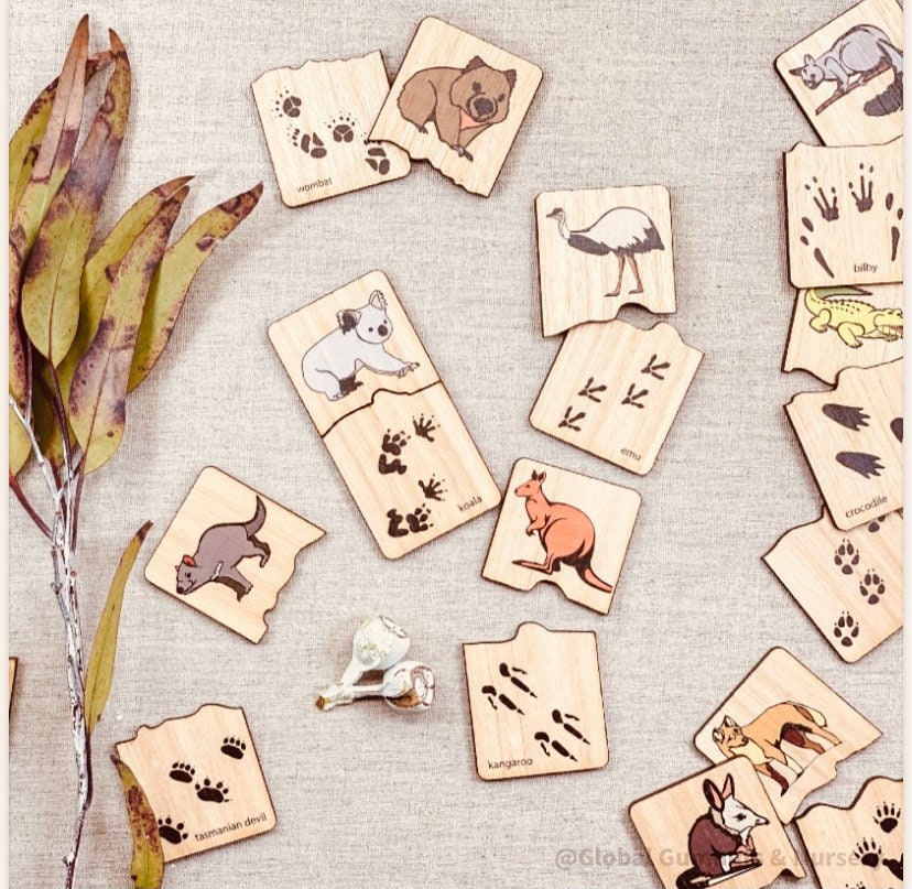 Matching animal tracks wooden game, Australian-made and perfect for learning about native animals.
