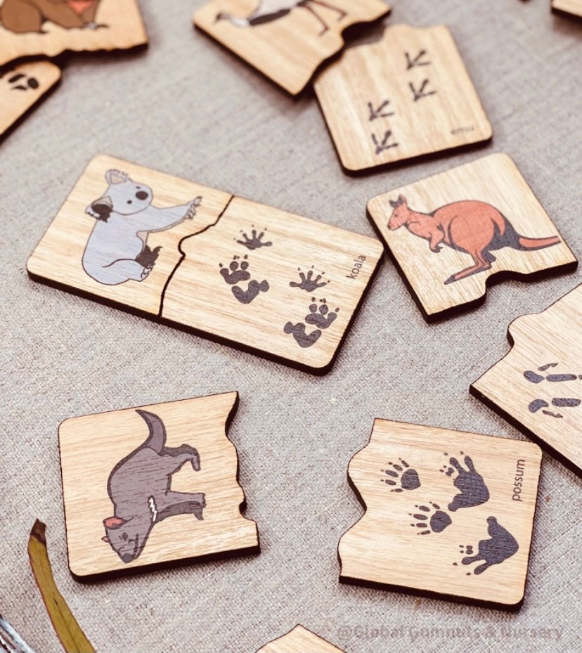 Matching animal tracks wooden game, Australian-made and perfect for learning about native animals.