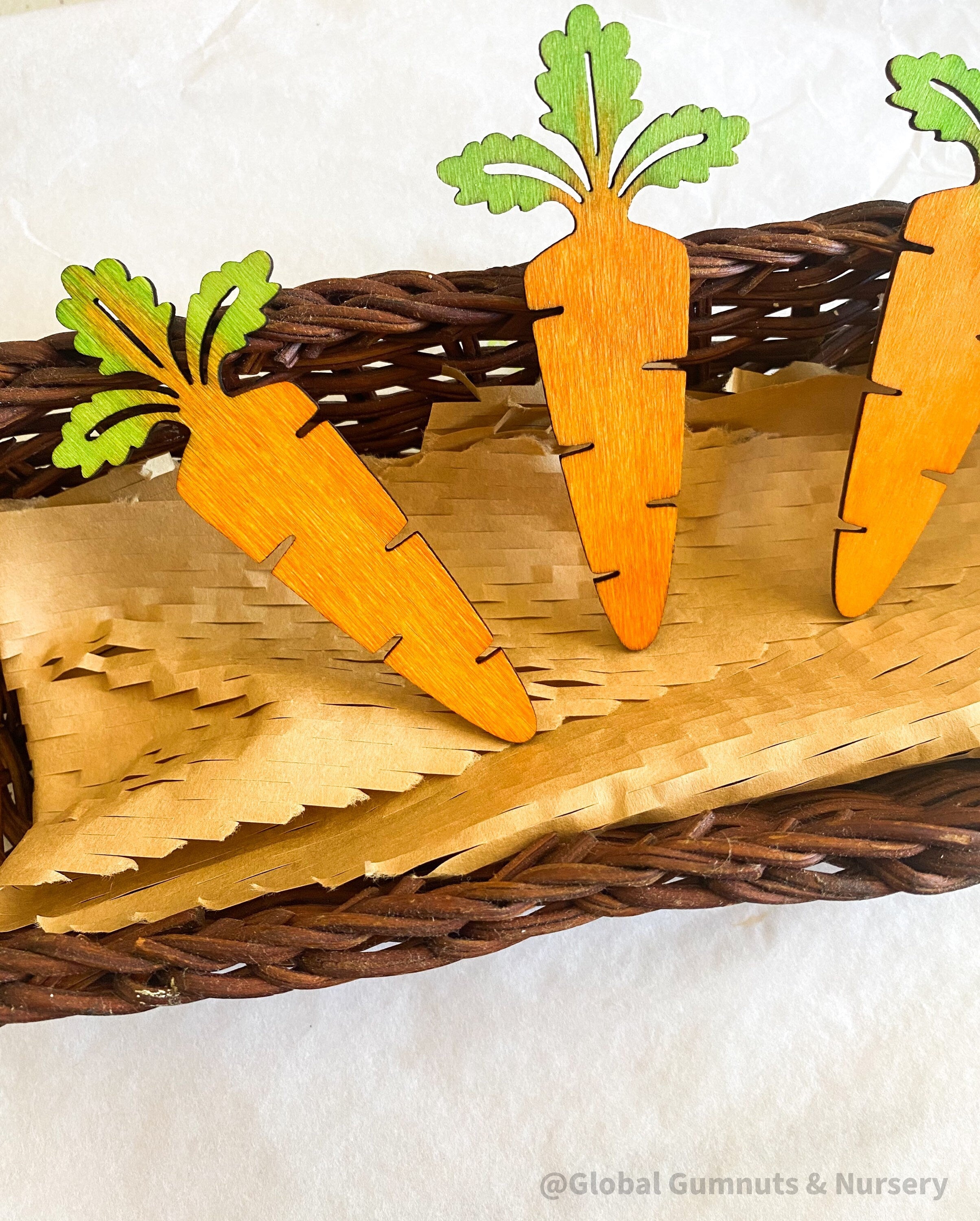 Wooden Carrots: Eco-friendly, water-coloured wooden carrots.