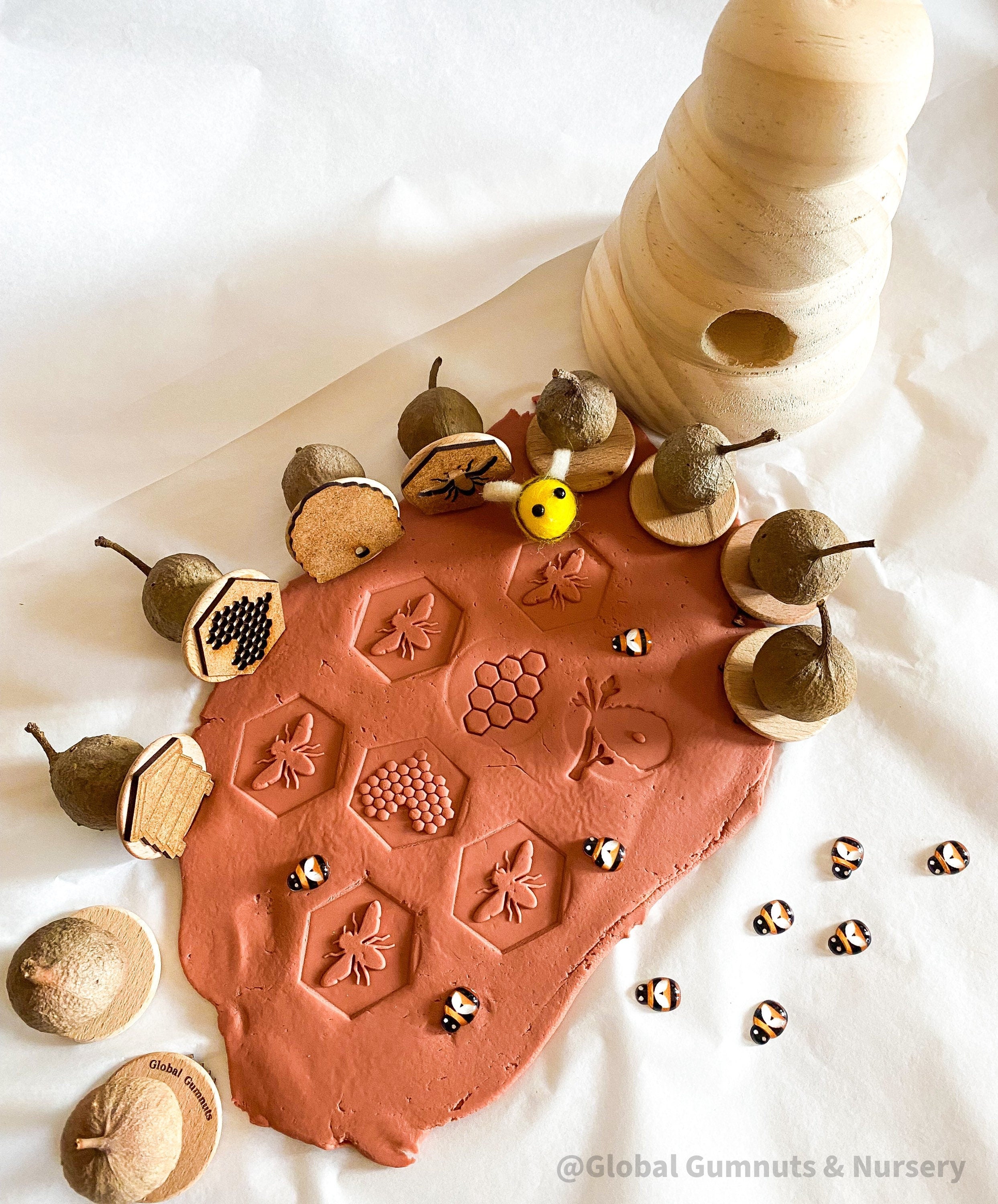 Honeybee Stamp Set: Eight-piece Gumnut stamp set with a beekeeping theme.