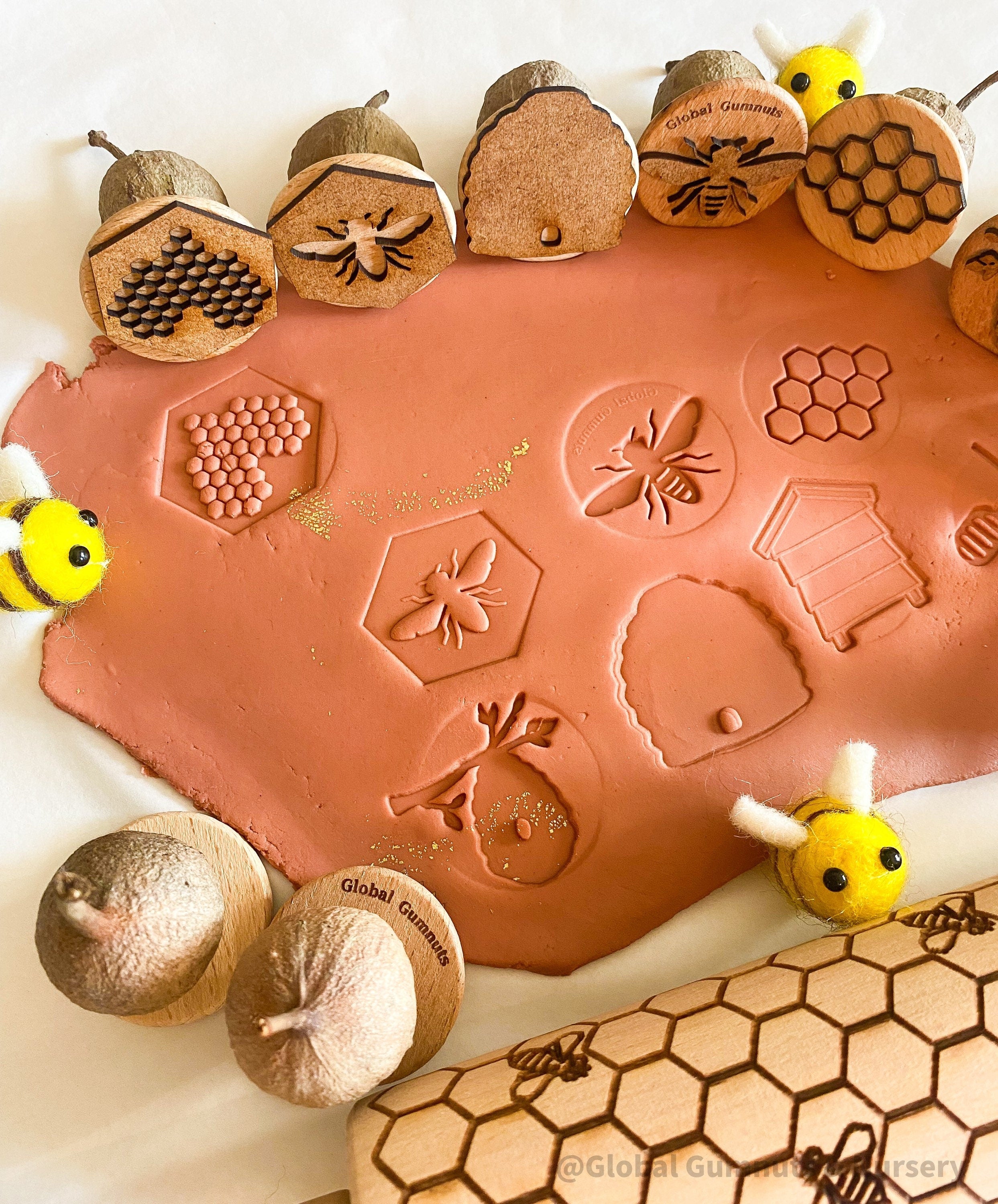 Honeybee Stamp Set: Eight-piece Gumnut stamp set with a beekeeping theme.
