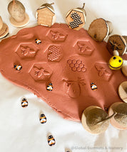 Honeybee Stamp Set: Eight-piece Gumnut stamp set with a beekeeping theme.