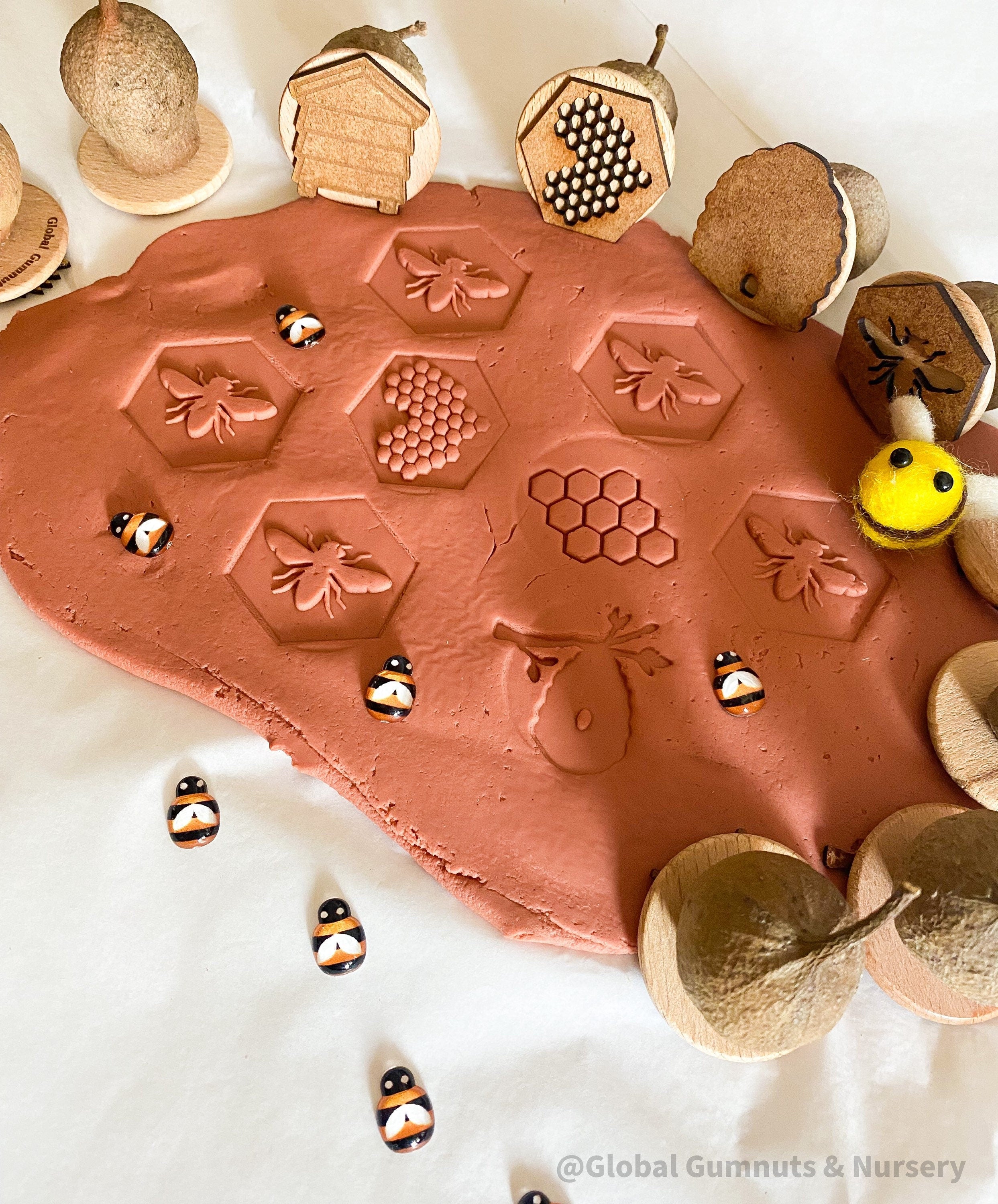 Honeybee Stamp Set: Eight-piece Gumnut stamp set with a beekeeping theme.