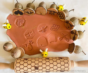 Honeybee Stamp Set: Eight-piece Gumnut stamp set with a beekeeping theme.