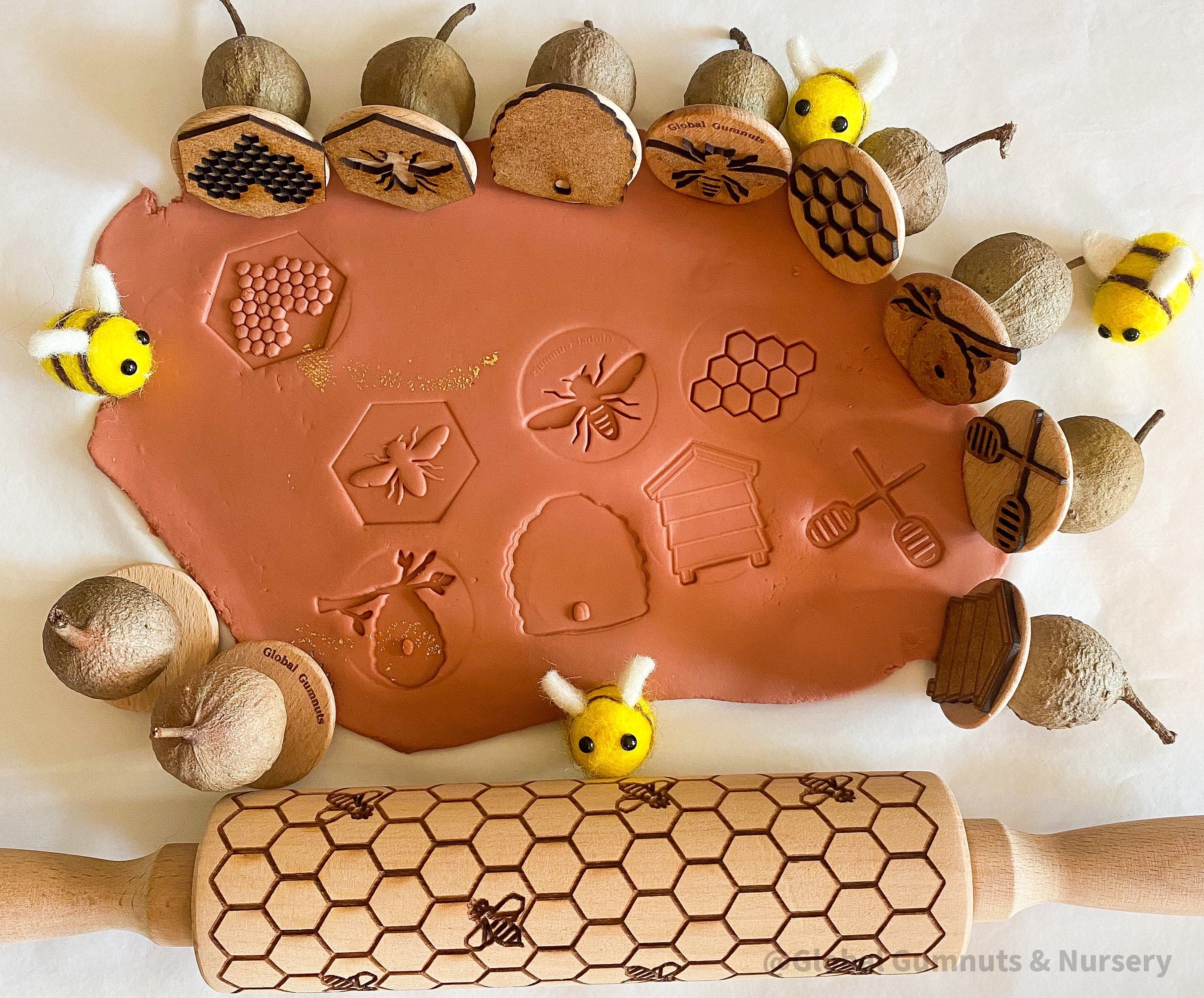 Honeybee Stamp Set: Eight-piece Gumnut stamp set with a beekeeping theme.