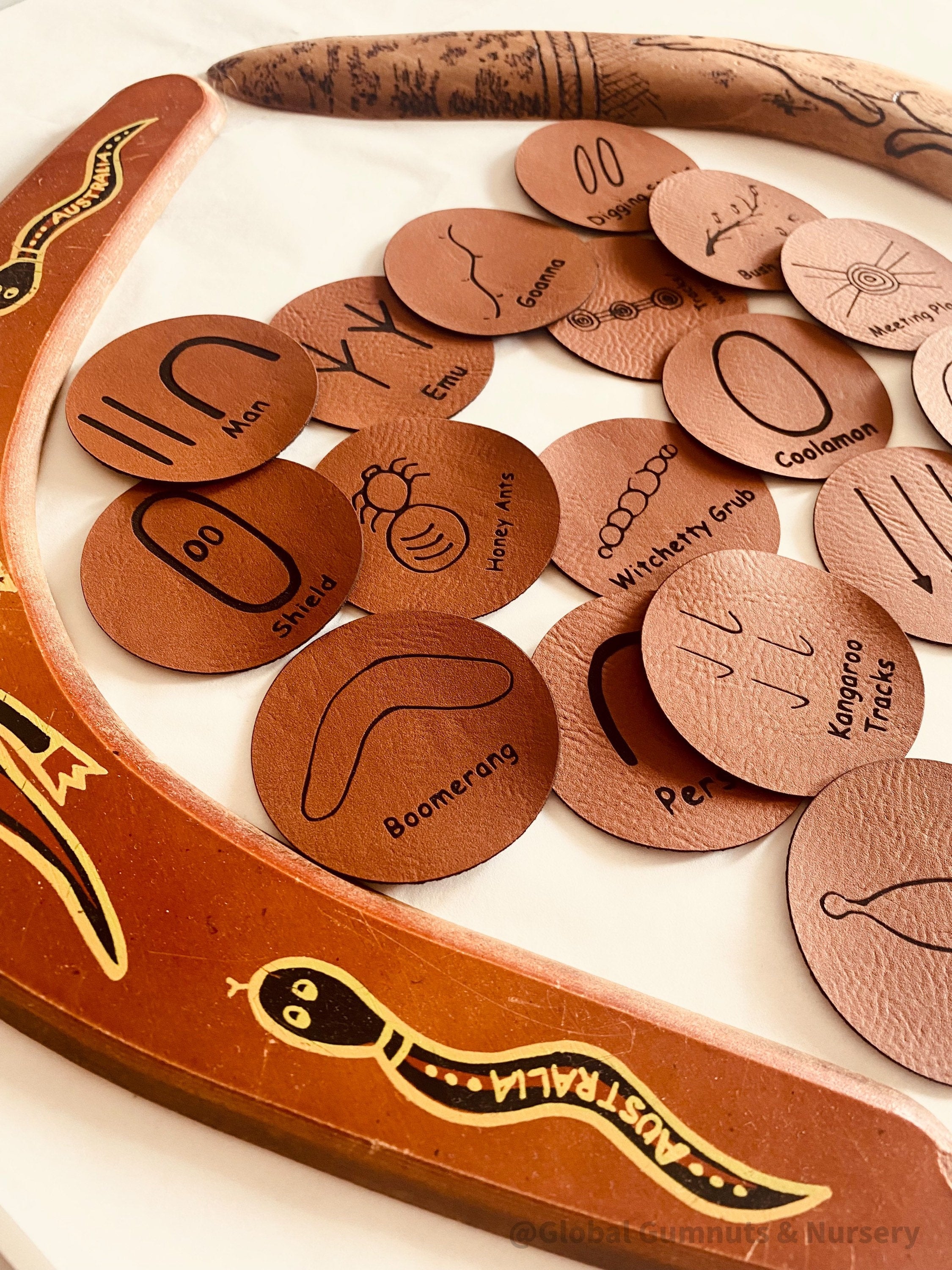 Indigenous Symbols Set: Faux leather symbols for NAIDOC Week educational activities.