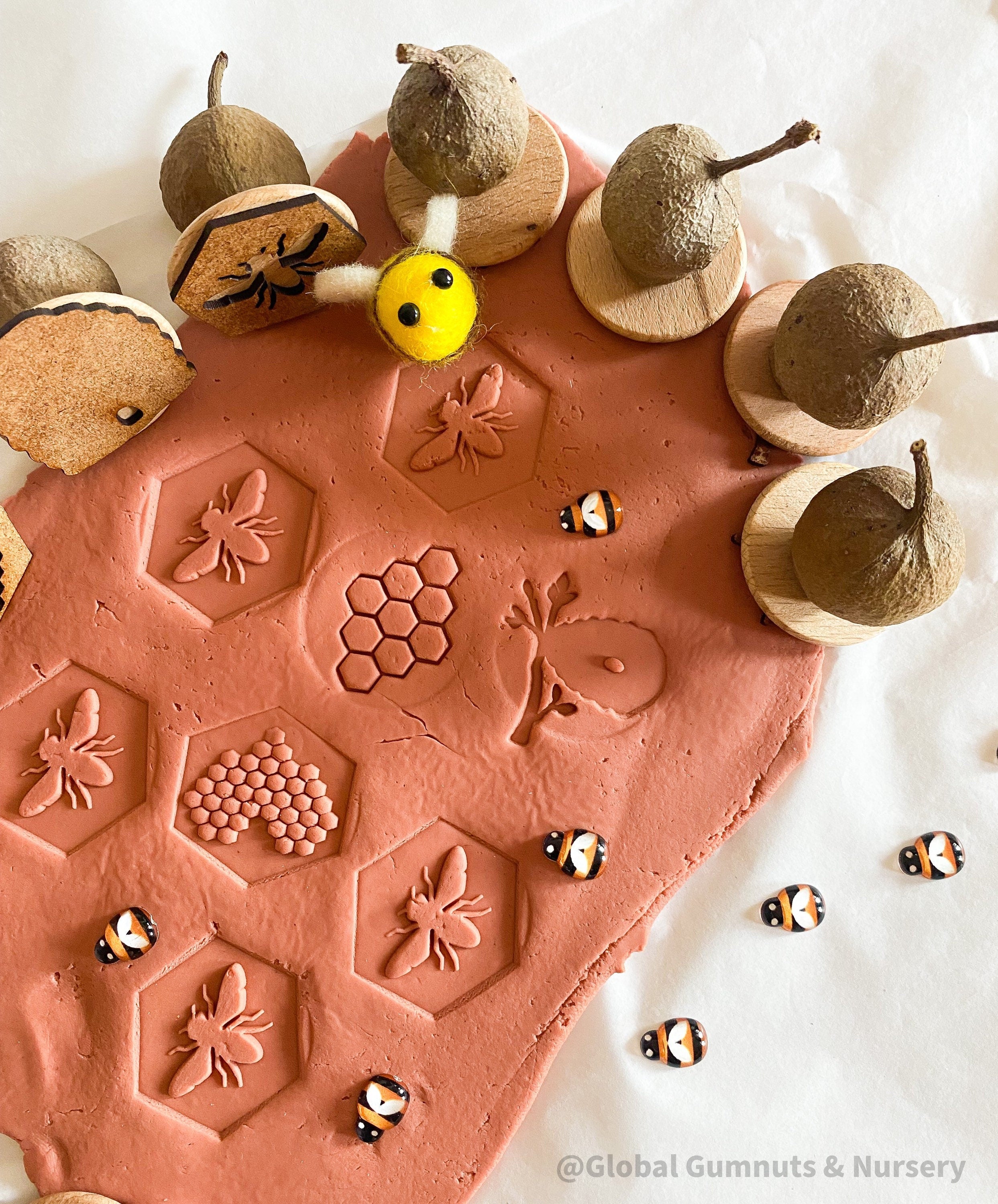 Honeybee Stamp Set: Eight-piece Gumnut stamp set with a beekeeping theme.