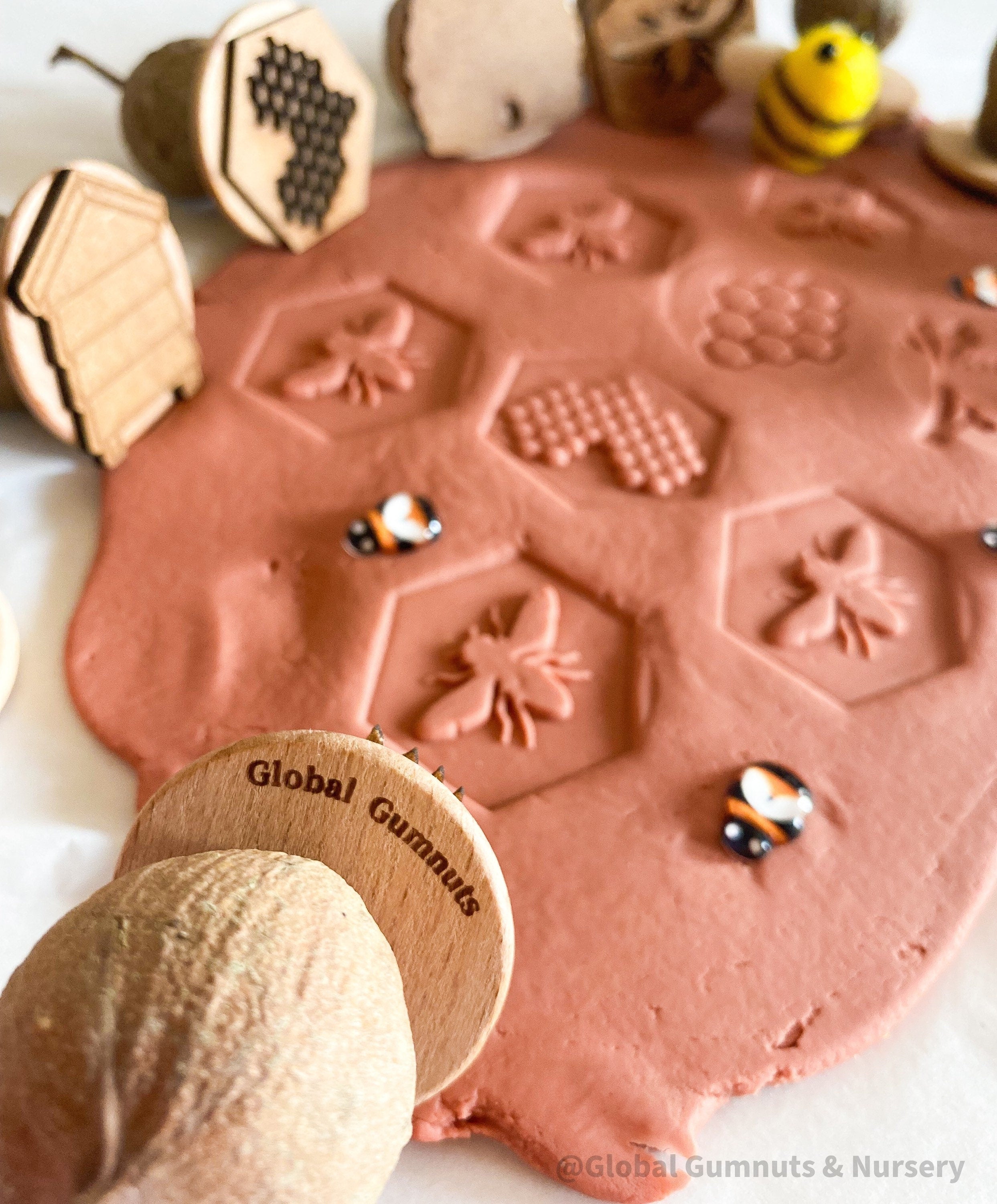Honeybee Stamp Set: Eight-piece Gumnut stamp set with a beekeeping theme.