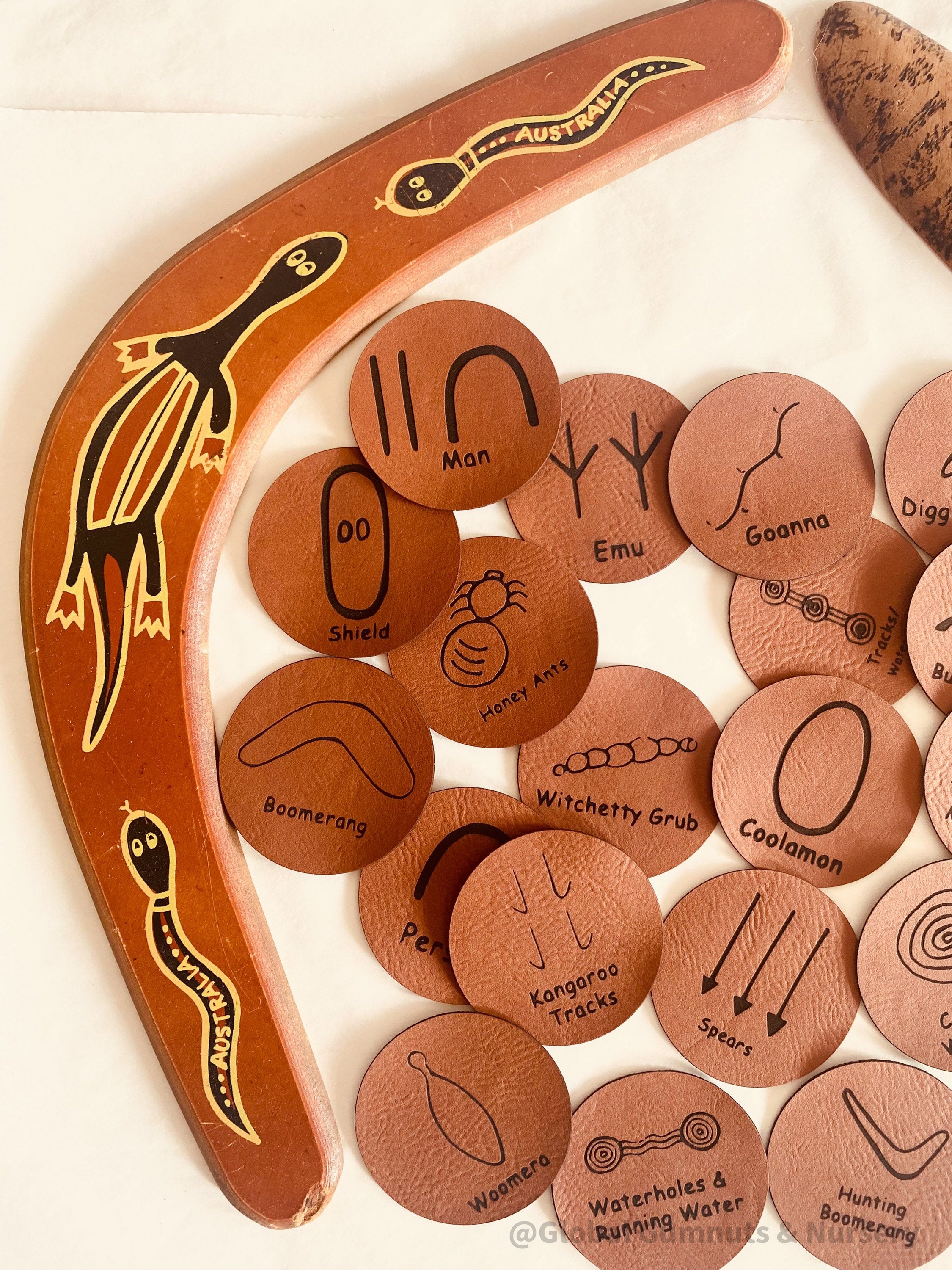 Indigenous Symbols Set: Faux leather symbols for NAIDOC Week educational activities.