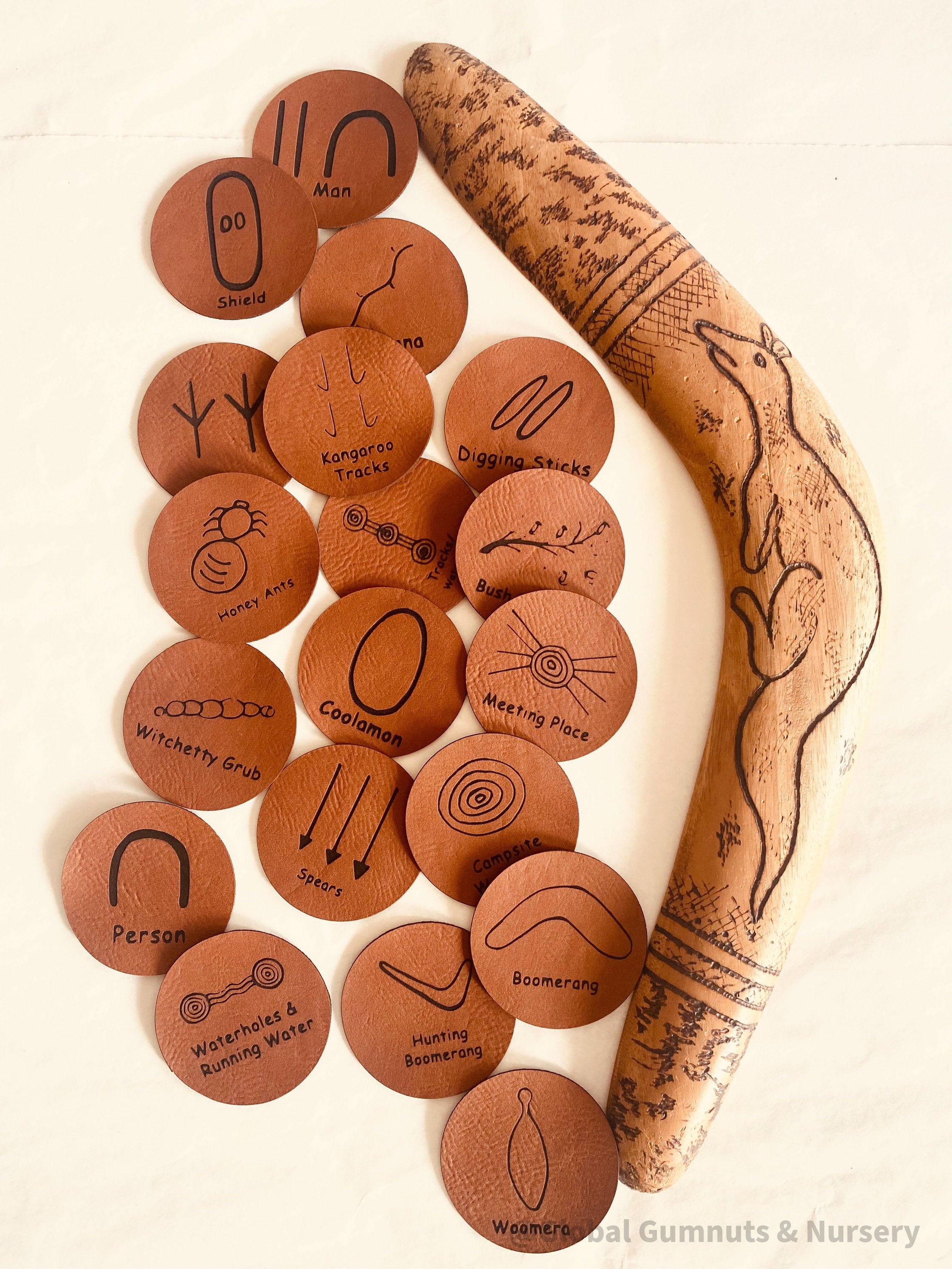 Indigenous Symbols Set: Faux leather symbols for NAIDOC Week educational activities.