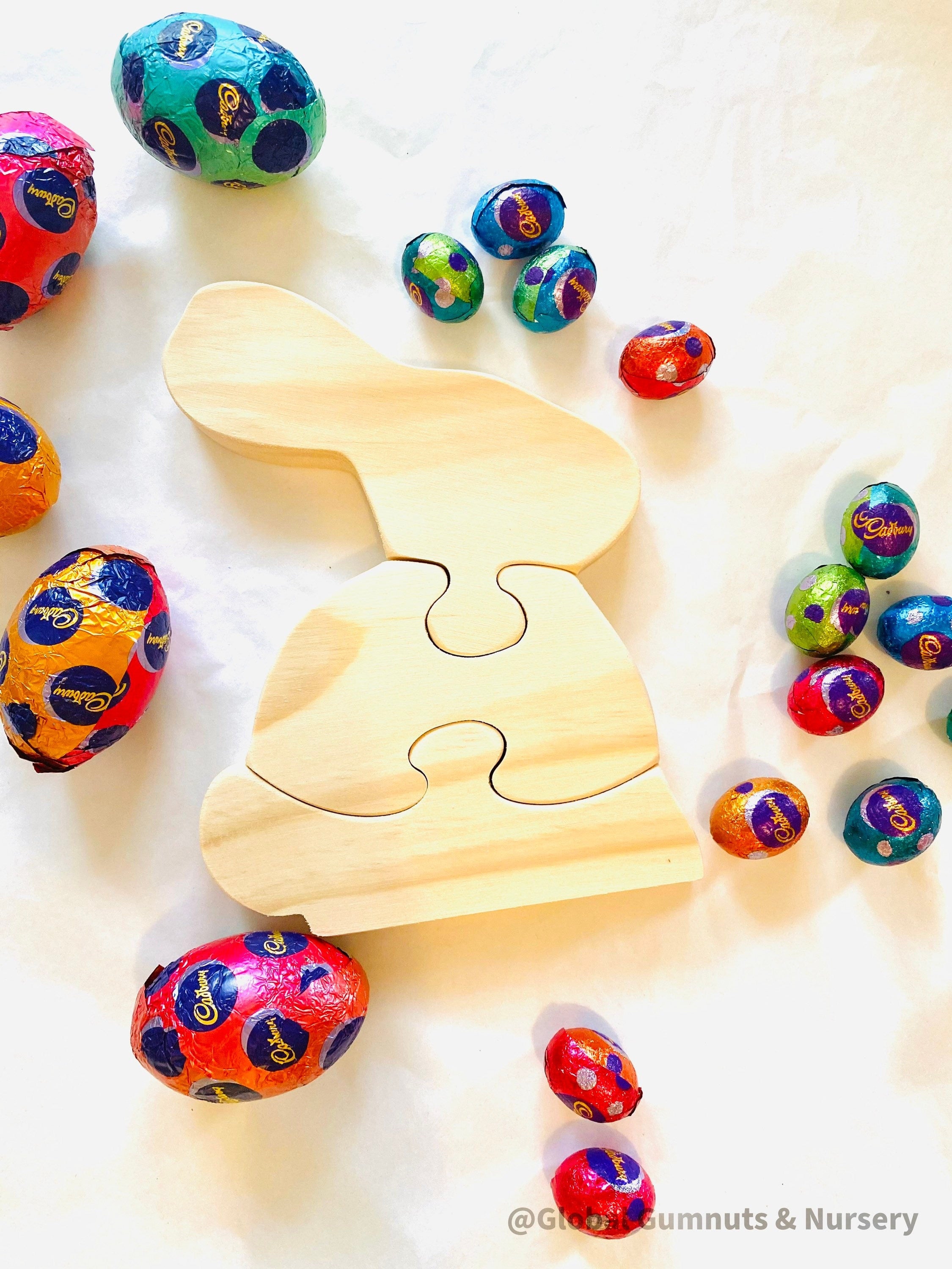 Wooden Bunny Rabbit Puzzle: Handmade rabbit puzzle for Easter-themed decor or play.