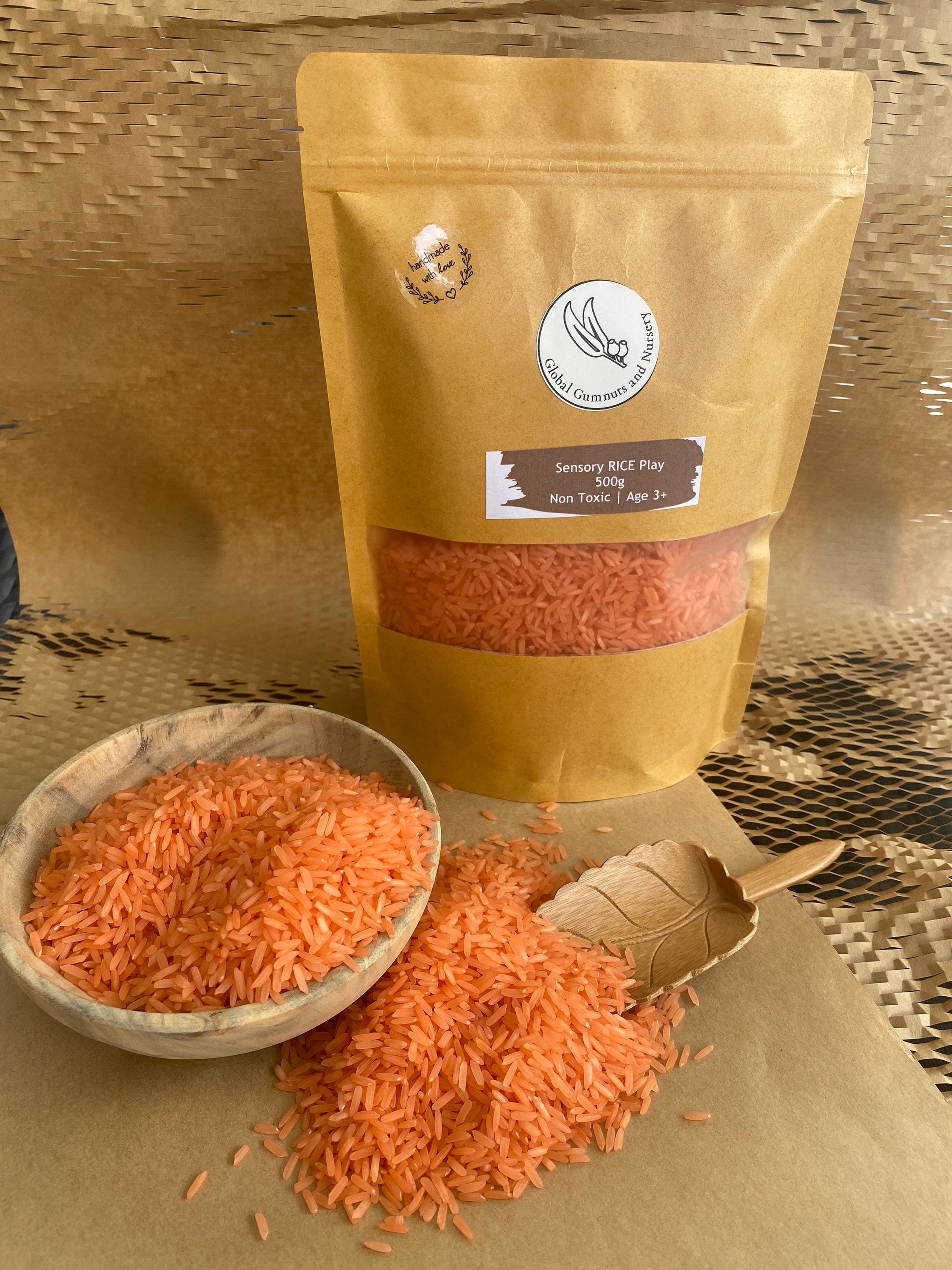 Vibrant Sensory Rice: Colourful sensory rice available in seven rainbow colours, designed for creative sensory play, with optional tool sets.