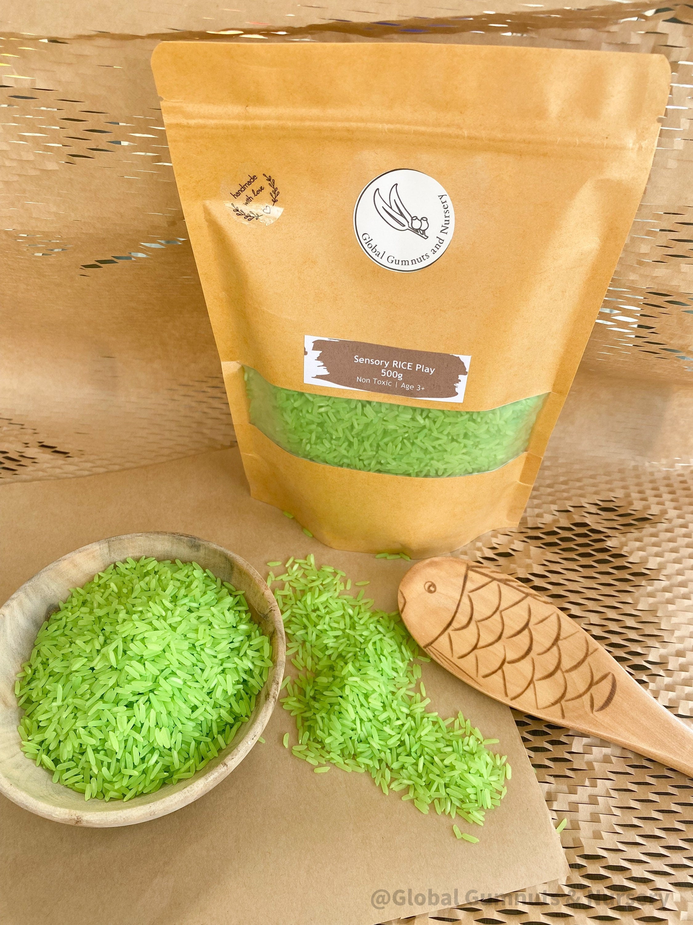 Green Sensory Rice: 200 or 400 grams of vibrant green sensory rice for play.