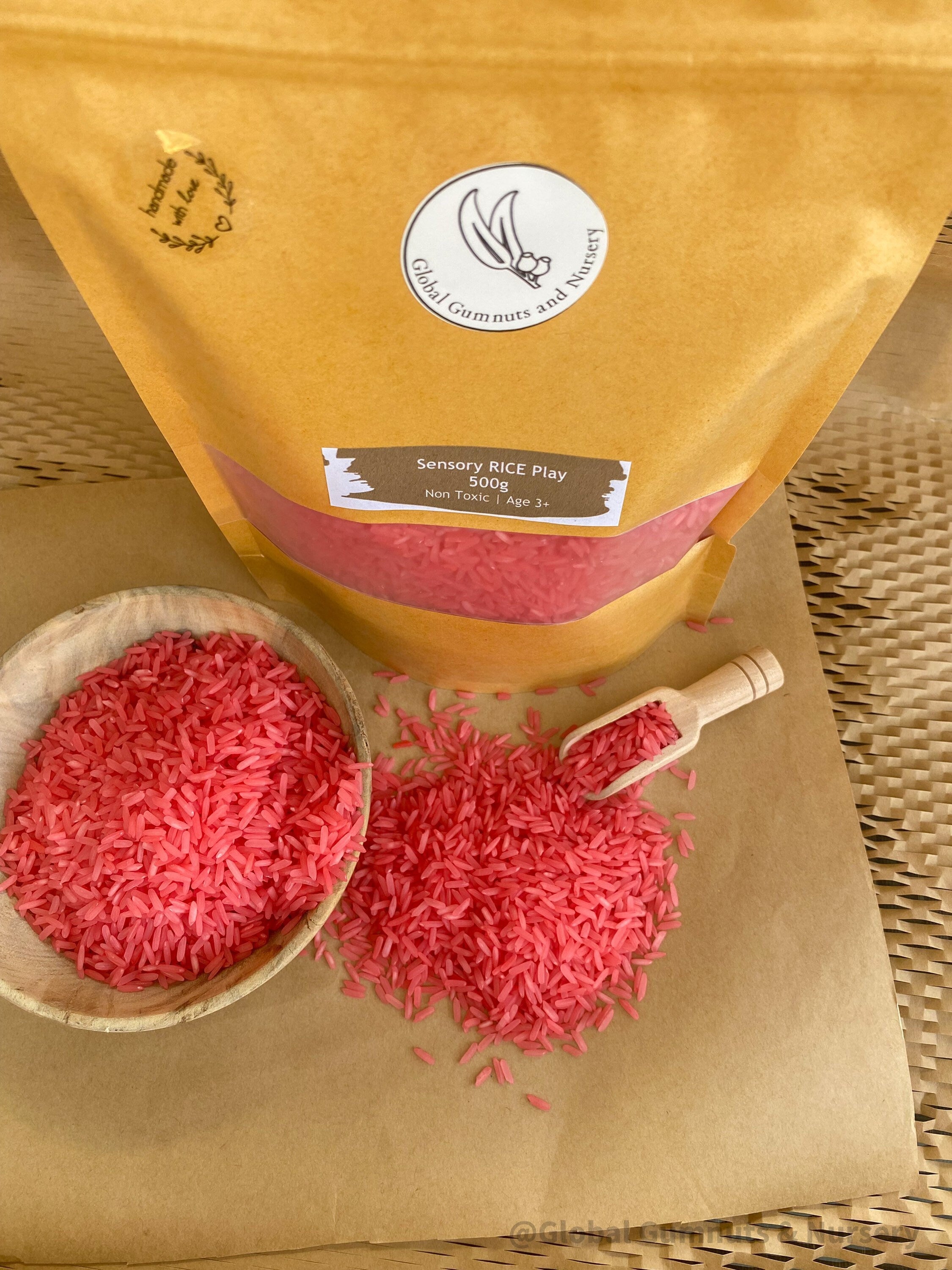 RED Vibrant Sensory Rice: Bright red sensory rice for creative play, available in 200 or 400 grams.