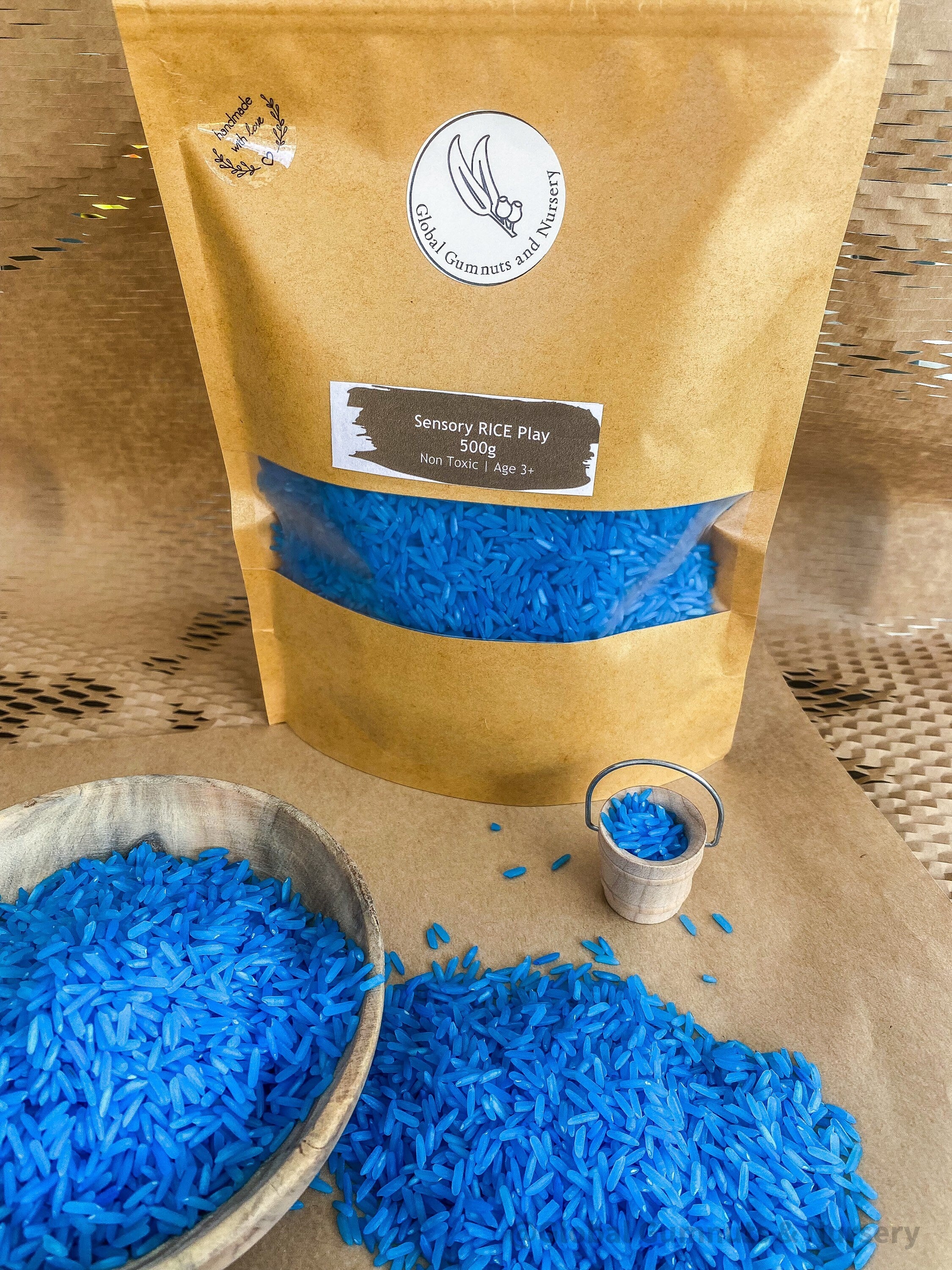 Blue Vibrant Sensory Rice: Coloured sensory rice in blue, available in 200 or 400 grams.
