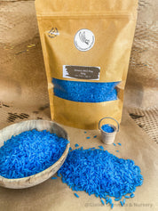 Blue Vibrant Sensory Rice: Coloured sensory rice in blue, available in 200 or 400 grams.