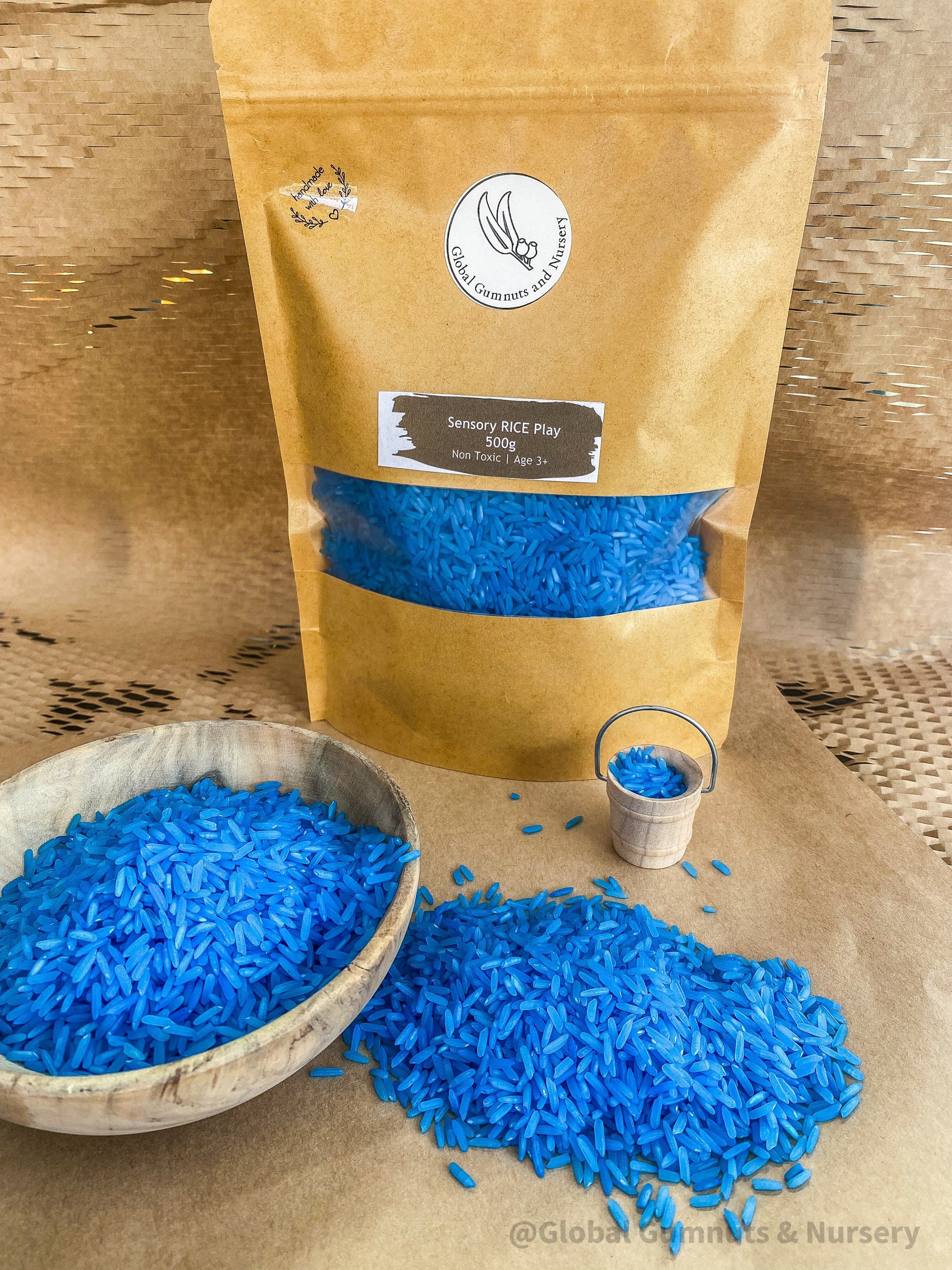 Blue Vibrant Sensory Rice: Coloured sensory rice in blue, available in 200 or 400 grams.