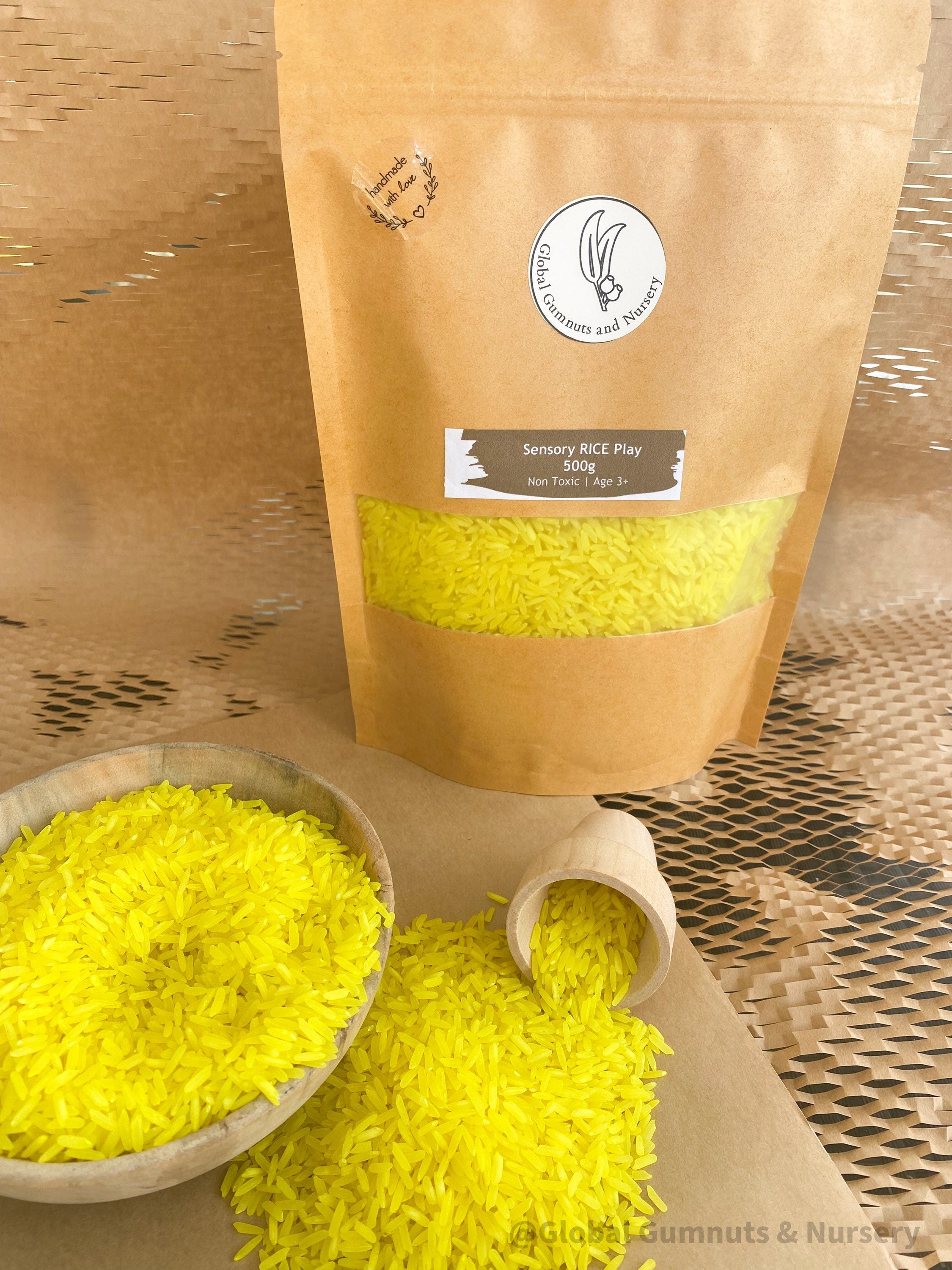Yellow Sensory Rice: 200 or 400 grams of yellow sensory rice for engaging activities.