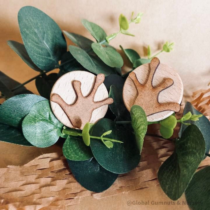 Frog Feet Gumnut Stamps: Nature-inspired wooden stamps featuring frog feet designs, ideal for creative play and stamping activities.