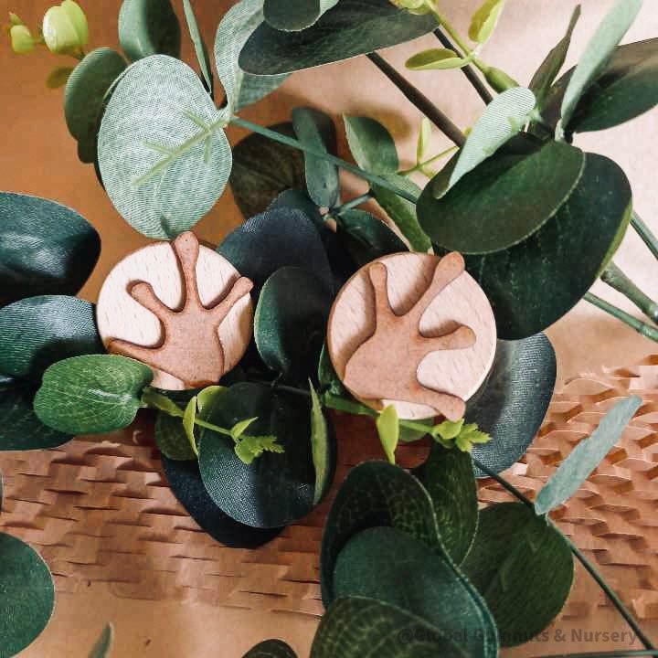Frog Feet Gumnut Stamps: Nature-inspired wooden stamps featuring frog feet designs, ideal for creative play and stamping activities.