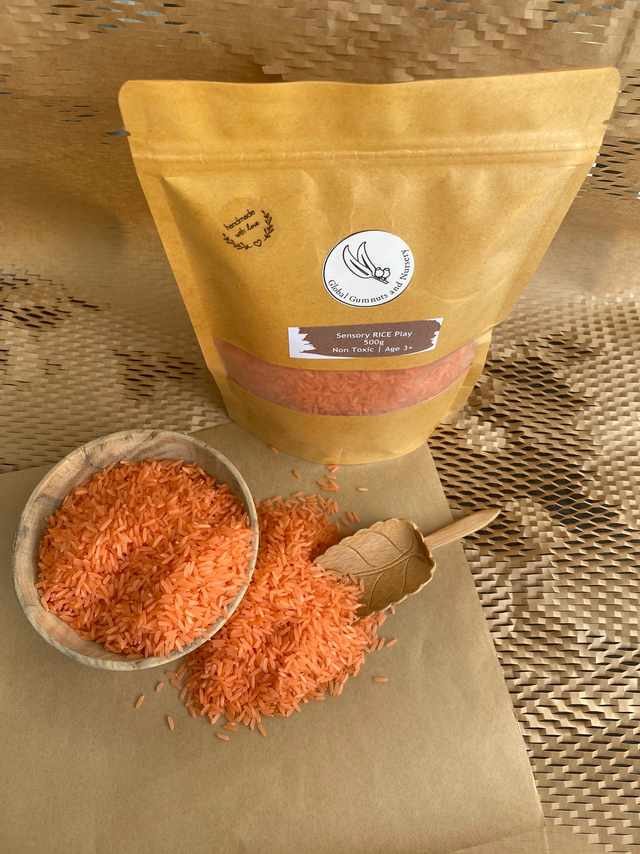Vibrant Sensory Rice: Colourful sensory rice available in seven rainbow colours, designed for creative sensory play, with optional tool sets.
