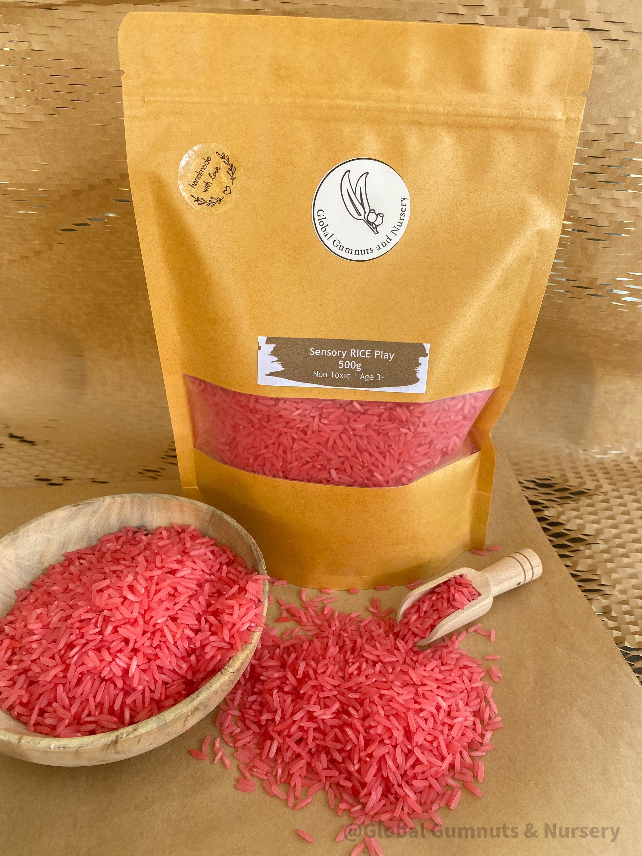 RED Vibrant Sensory Rice: Bright red sensory rice for creative play, available in 200 or 400 grams.