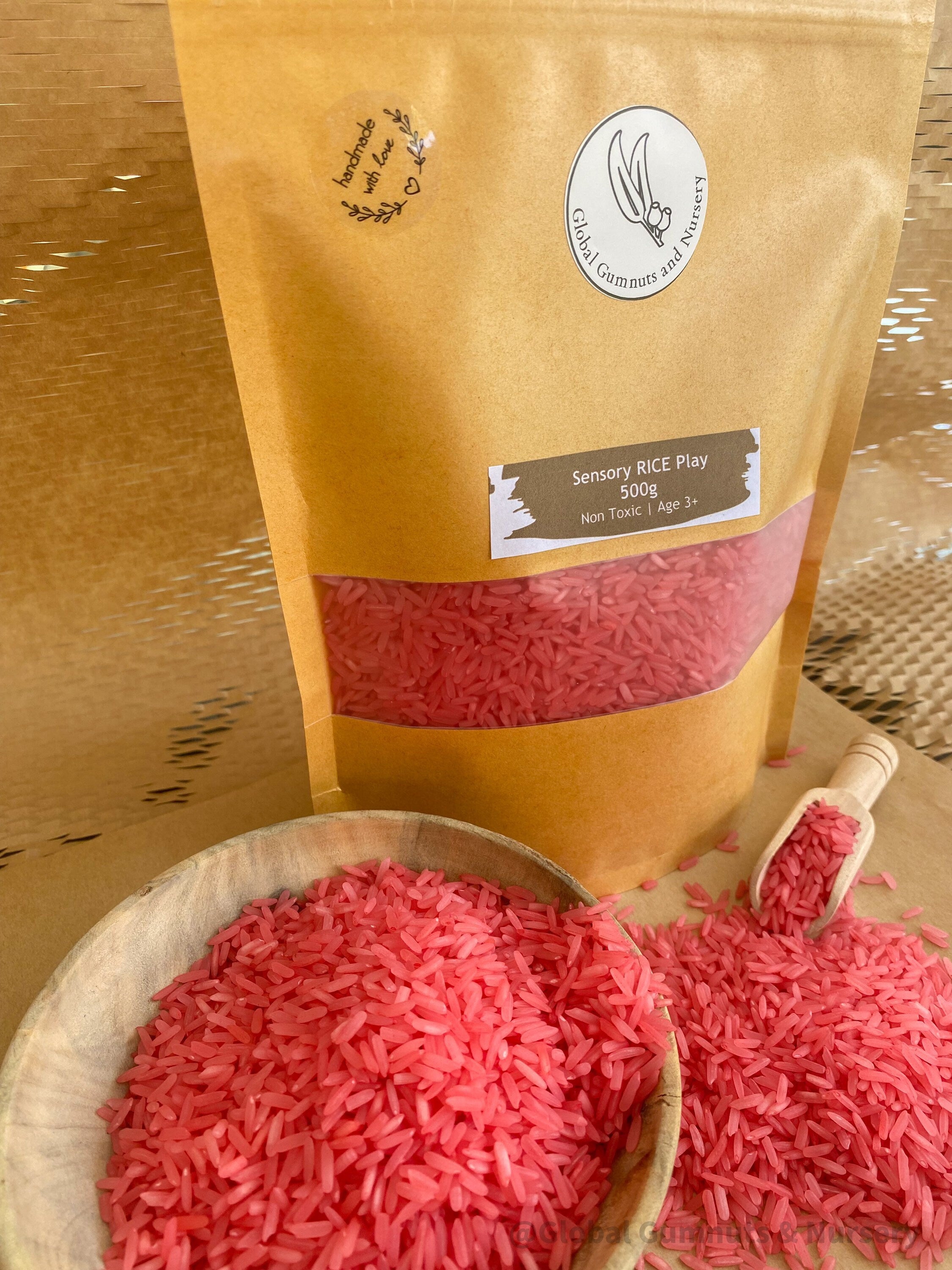 RED Vibrant Sensory Rice: Bright red sensory rice for creative play, available in 200 or 400 grams.