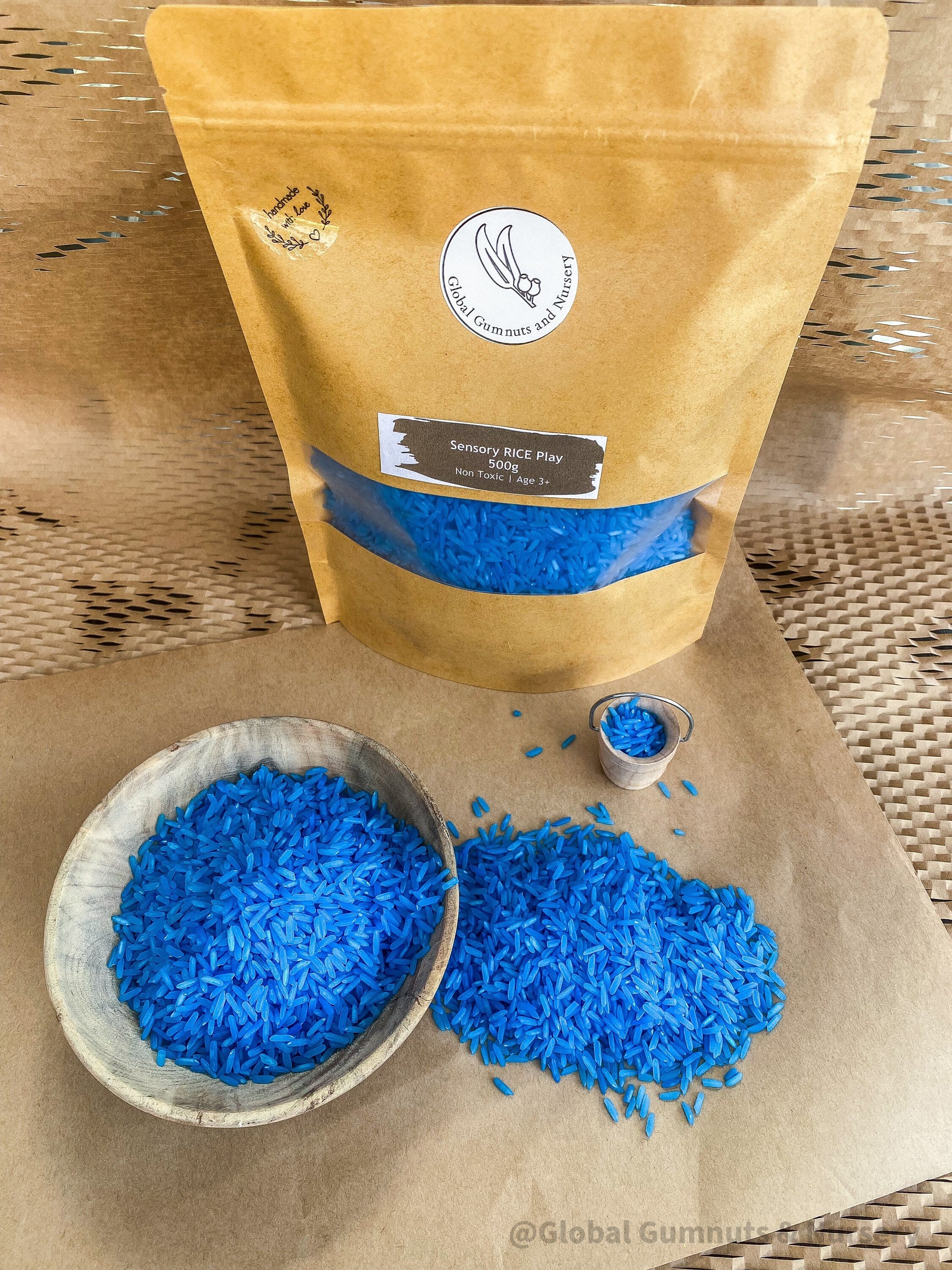 Blue Vibrant Sensory Rice: Coloured sensory rice in blue, available in 200 or 400 grams.
