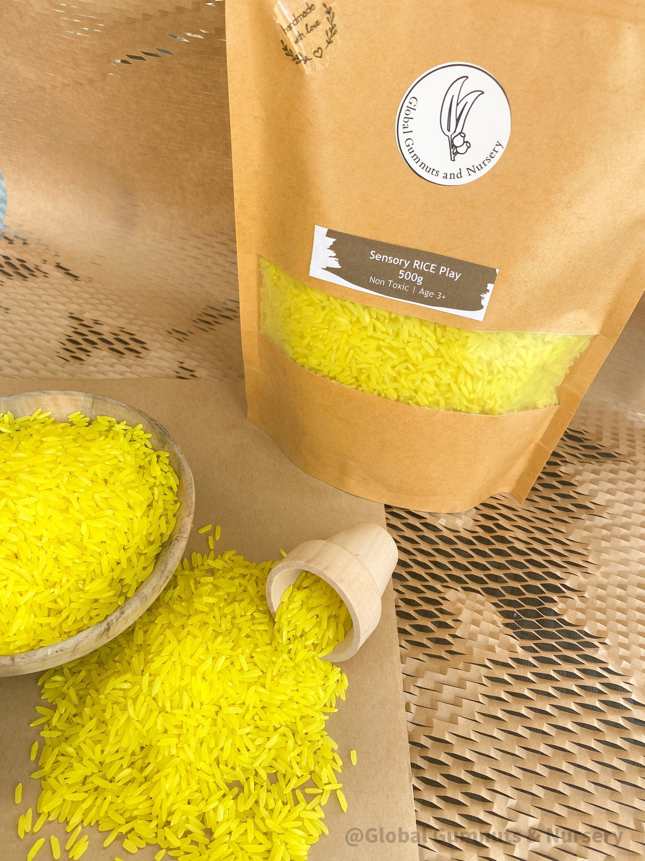 Yellow Sensory Rice: 200 or 400 grams of yellow sensory rice for engaging activities.