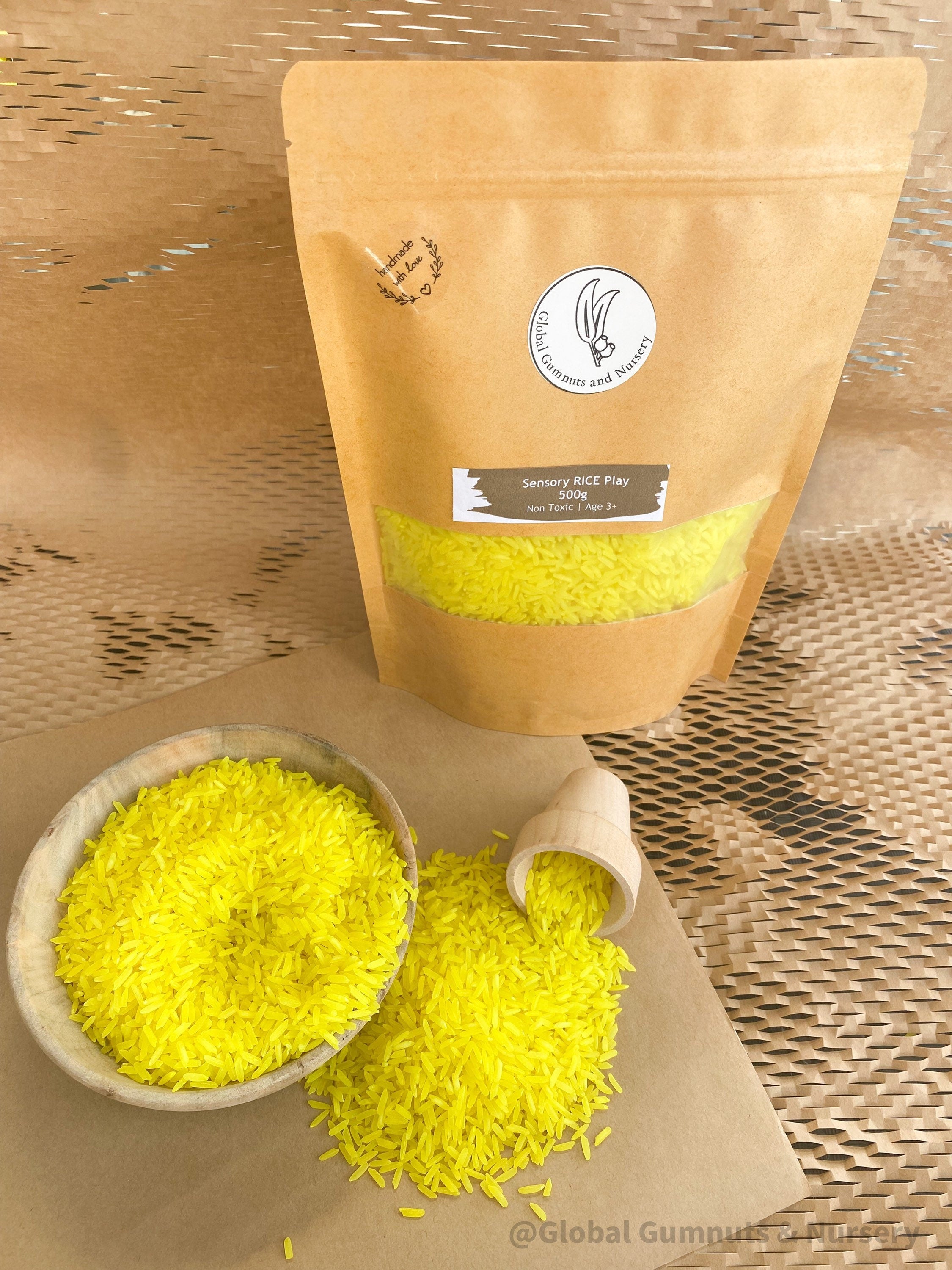 Yellow Sensory Rice: 200 or 400 grams of yellow sensory rice for engaging activities.