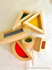 Shapes Chalkboard Set: Nine-piece wooden chalkboard set featuring common shapes, designed for colour learning and sensory play.
