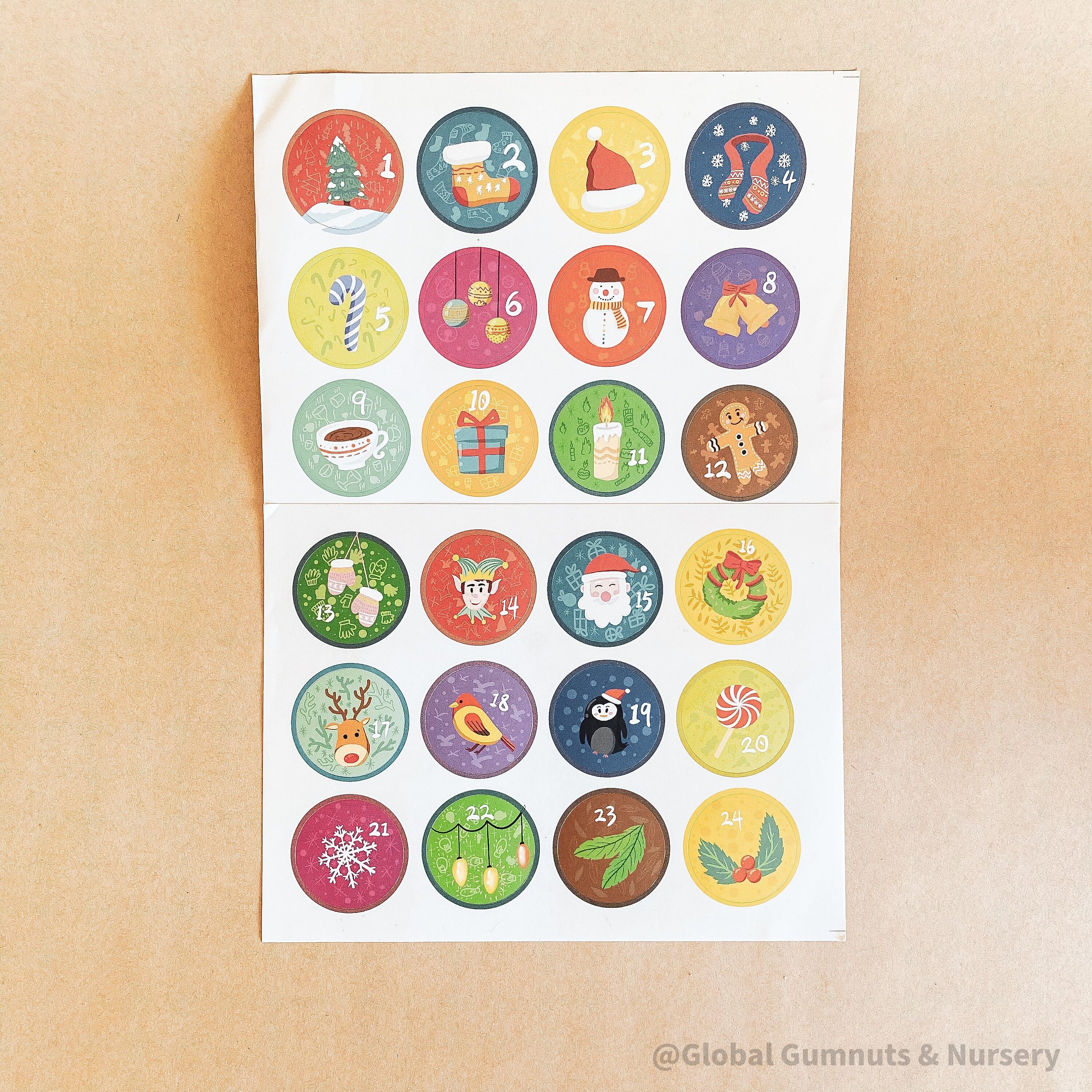 1-24 Printed Gloss Stickers: Set of 24 numbered stickers for DIY Advent calendars.