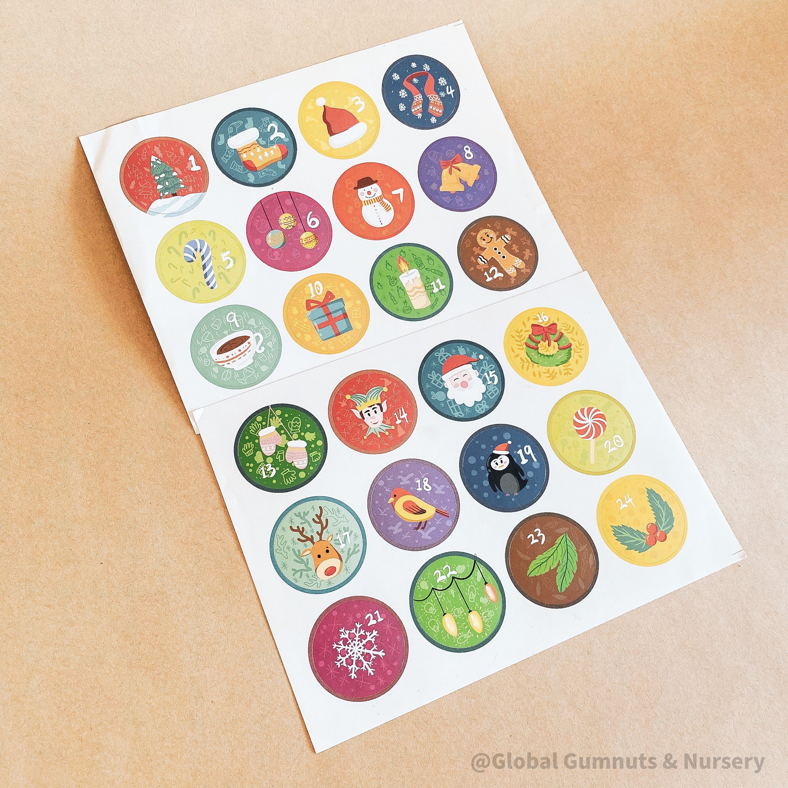 1-24 Printed Gloss Stickers: Set of 24 numbered stickers for DIY Advent calendars.