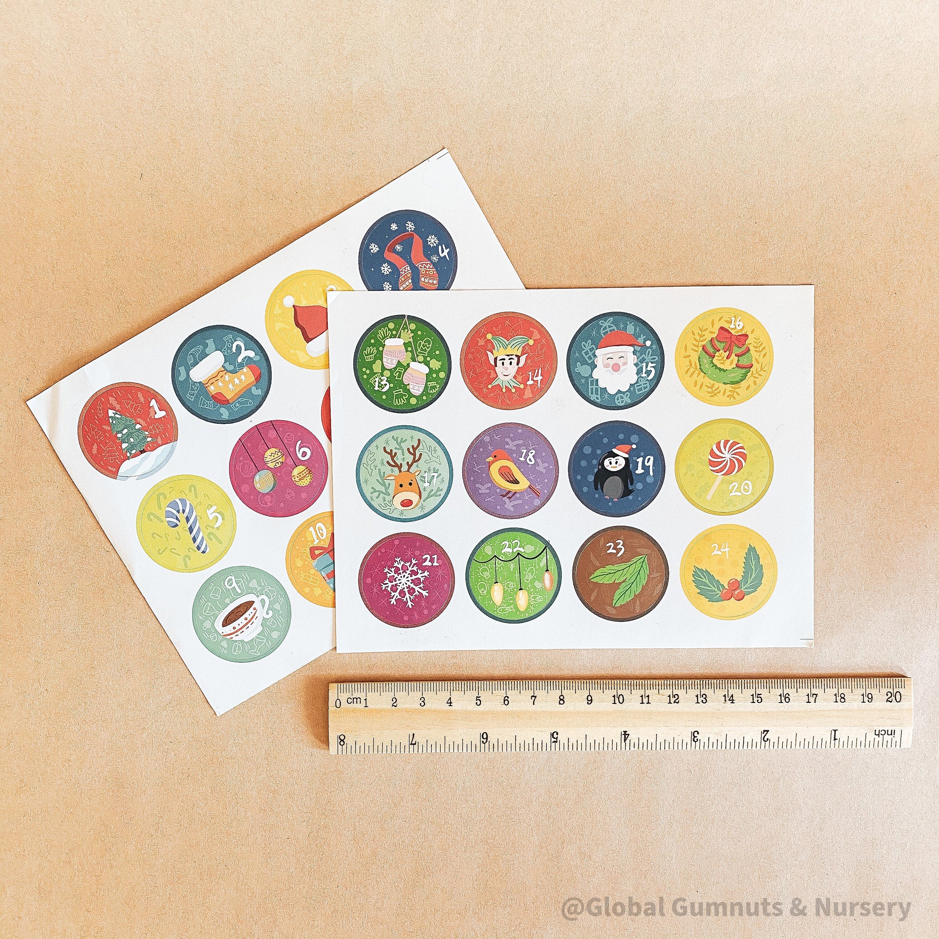 1-24 Printed Gloss Stickers: Set of 24 numbered stickers for DIY Advent calendars.