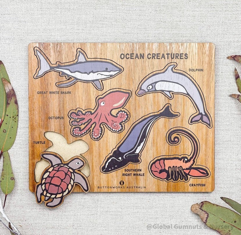 Ocean creatures Australian animal puzzle, a natural wood gift for all ages.
