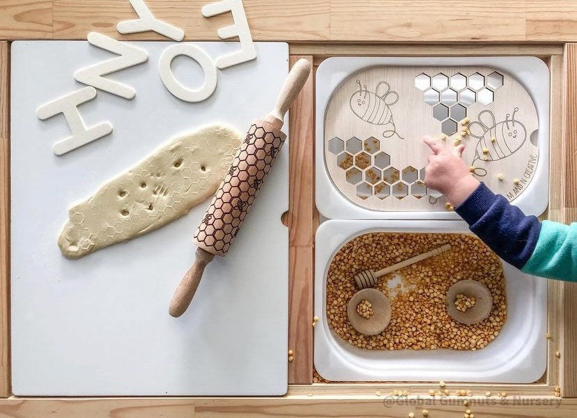 Honeycomb & Bees Rolling Pin: Wooden rolling pin with honeybee pattern for baking and crafting.
