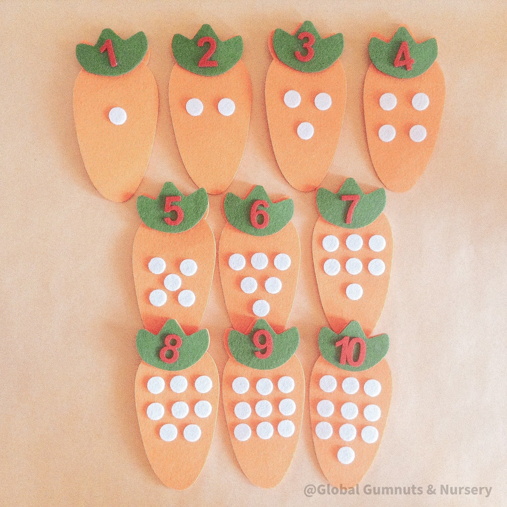 Fabric Counting Carrots: Set of 10 fabric carrots for educational play and counting.