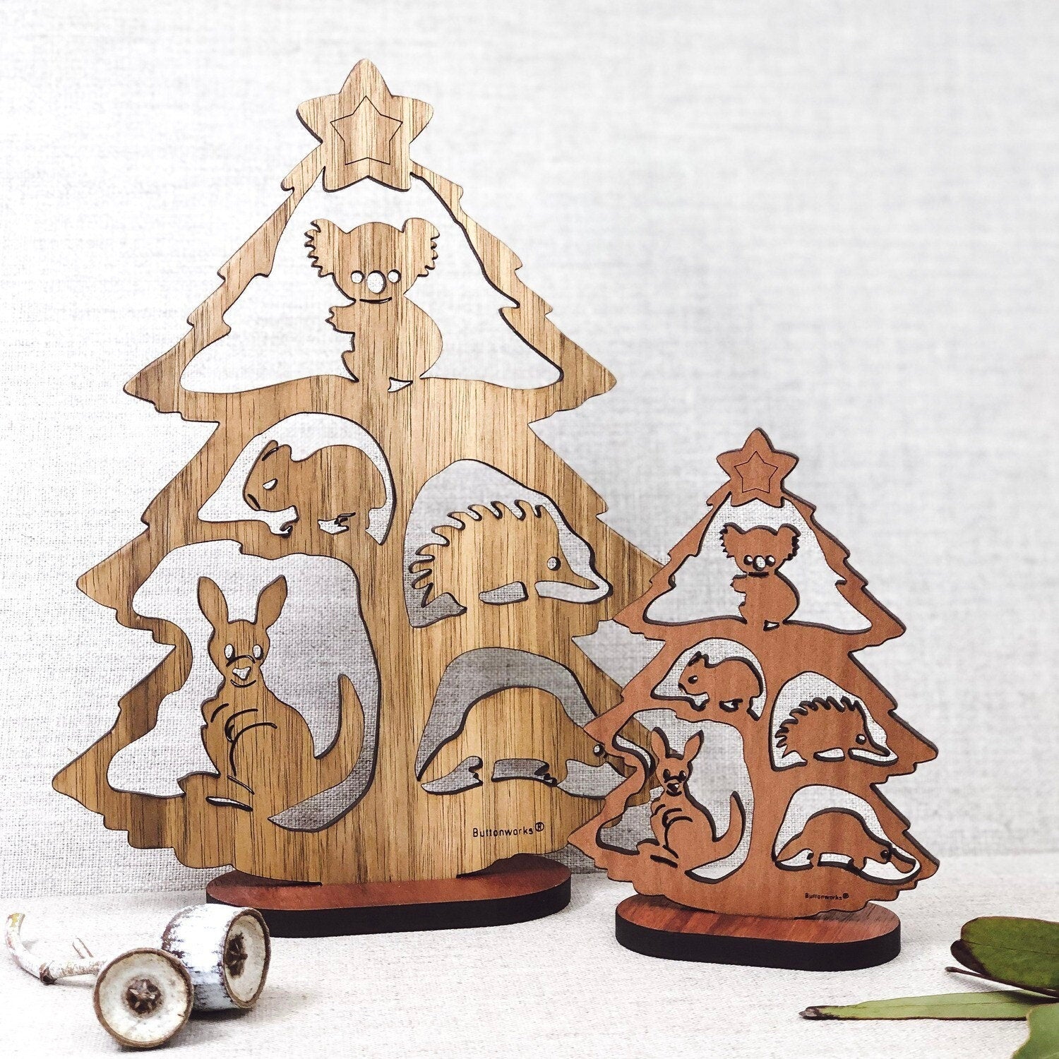 Small Australian Christmas tree scene (Gumtree) with stand, perfect for festive decor.
