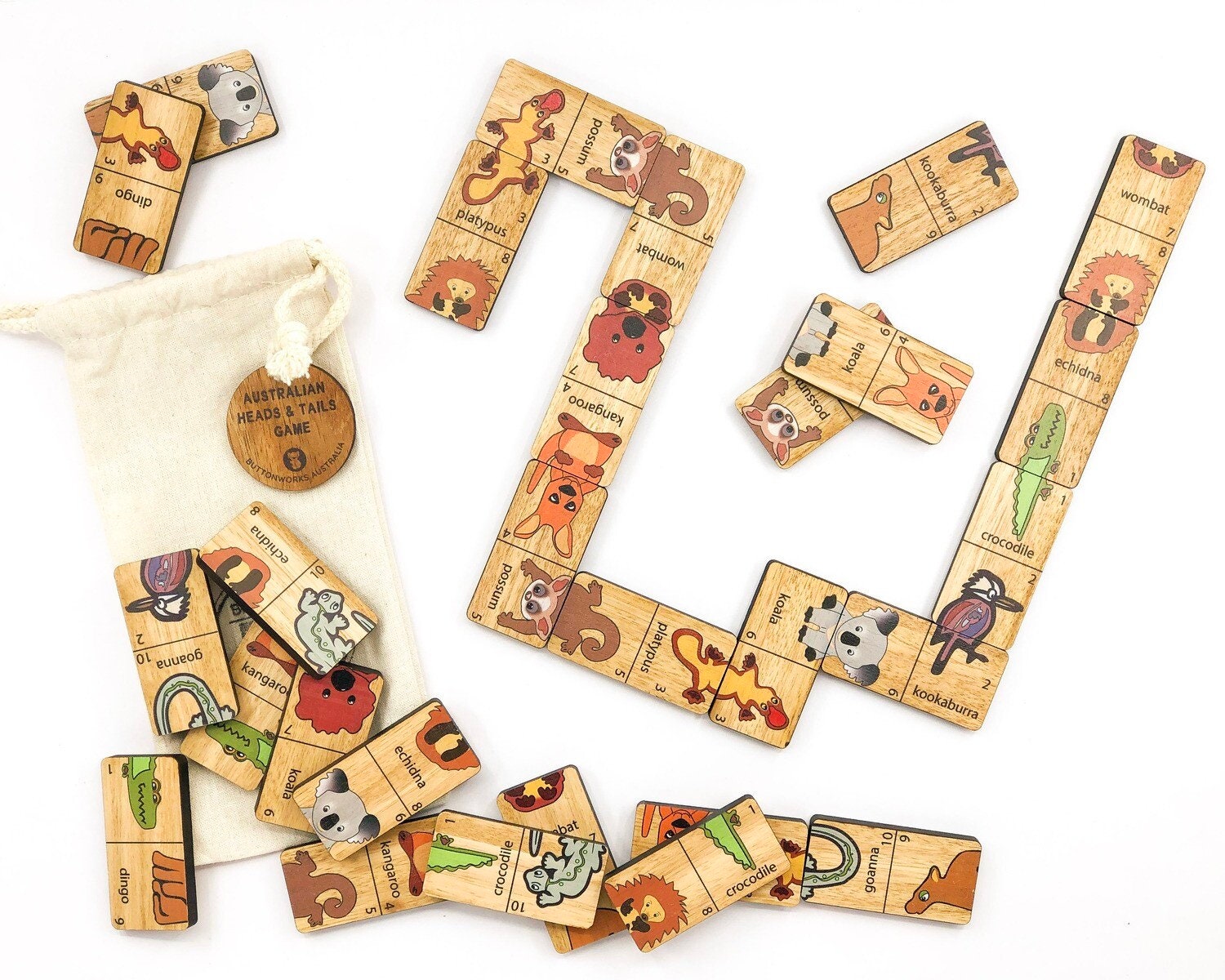 Heads and Tails game featuring Australian native animals, a wooden Montessori toy for fun learning.
