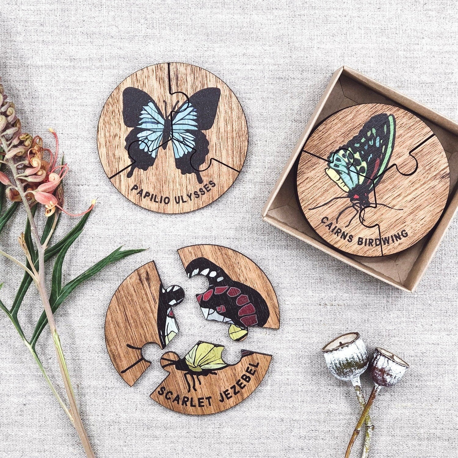 Australian butterfly jigsaw puzzle set, crafted from timber and designed to celebrate native Australian fauna. A perfect educational toy!