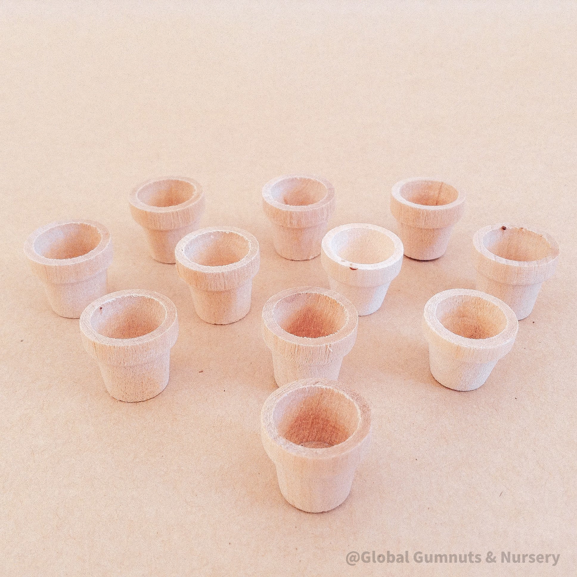 Miniature wooden flower pots for dollhouses and crafts. Ideal for creating tiny gardens or adding charm to DIY projects.