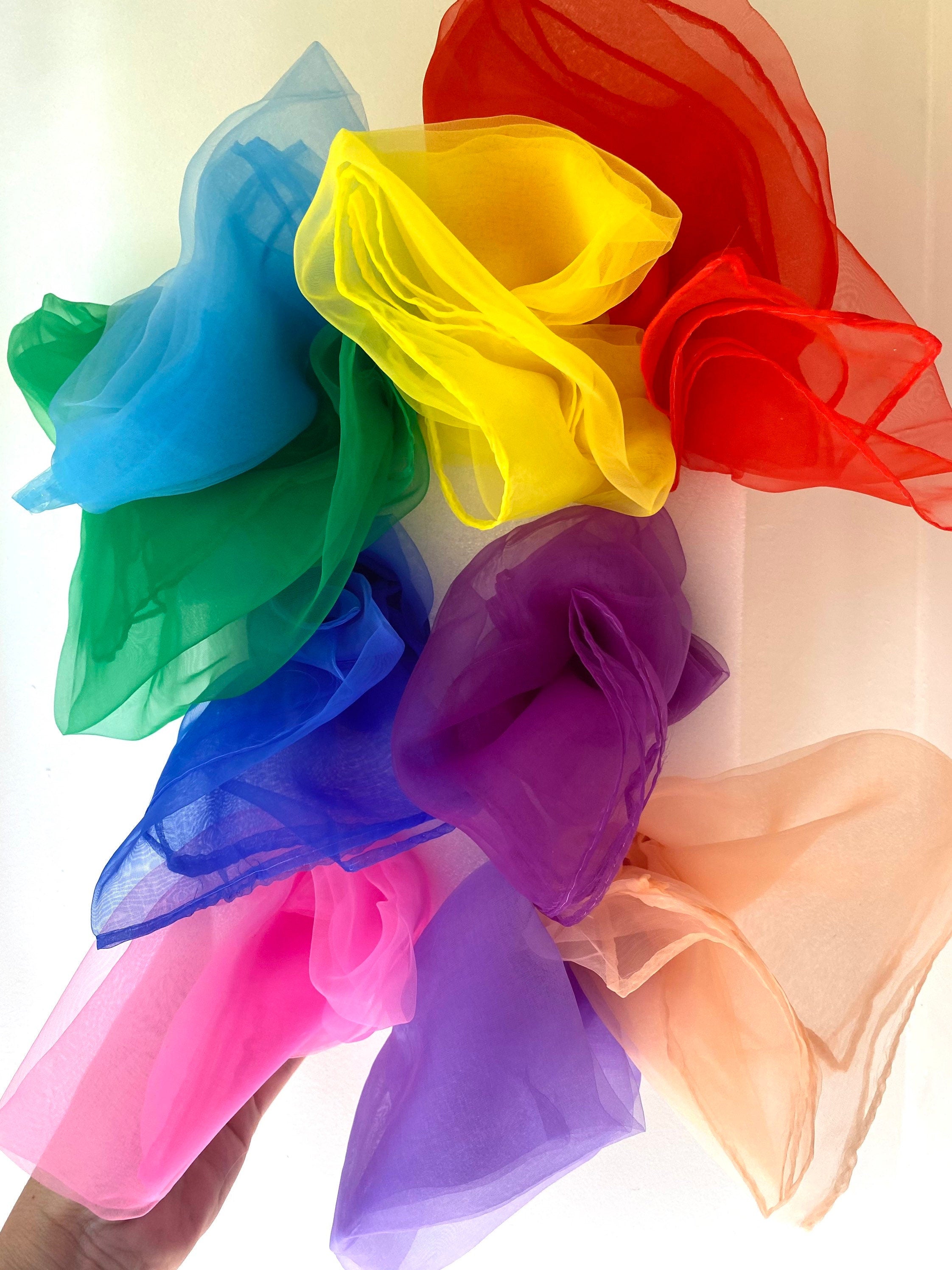 10 colour set sensory scarves: play silks in rainbow and earth colours for sensory activities.