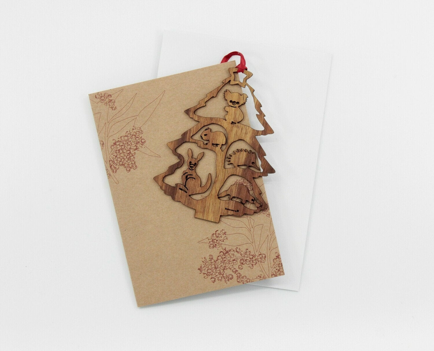 Unique Australian timber decoration gift and card, includes an art card and envelope.