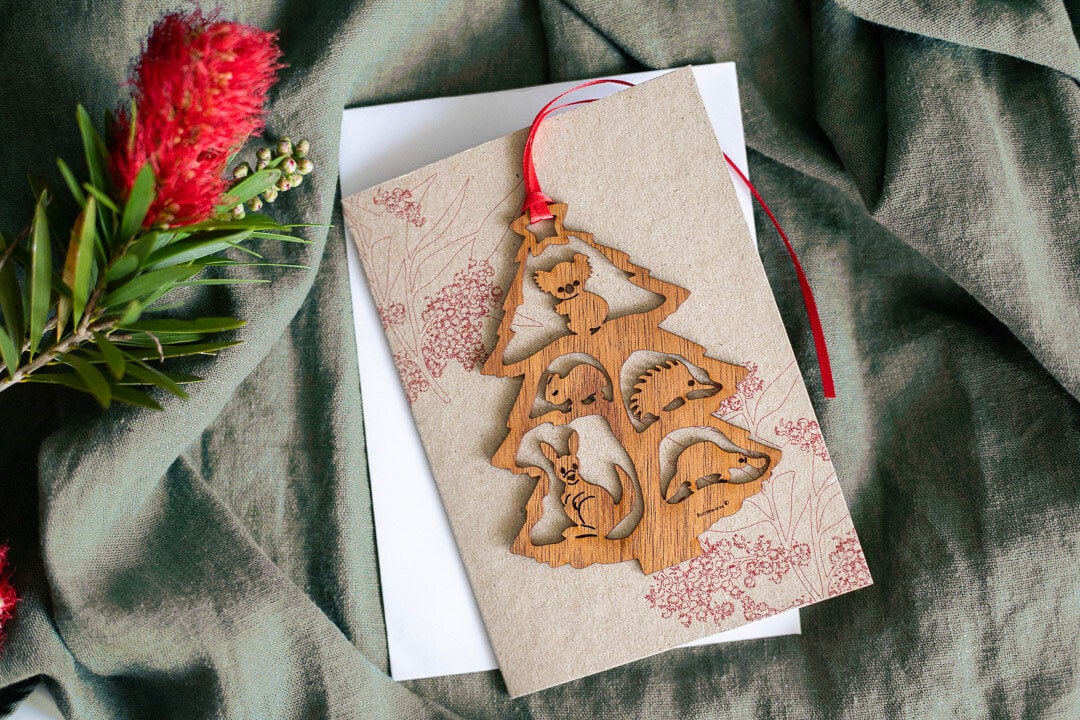 Unique Australian timber decoration gift and card, includes an art card and envelope.